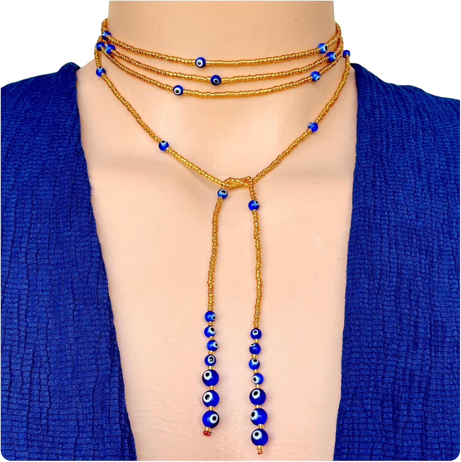 Evil Eye Lariat Necklace Adjustable Wrap Beaded Choker Nazar Boho Layered Protection Handmade Jewelry for Women