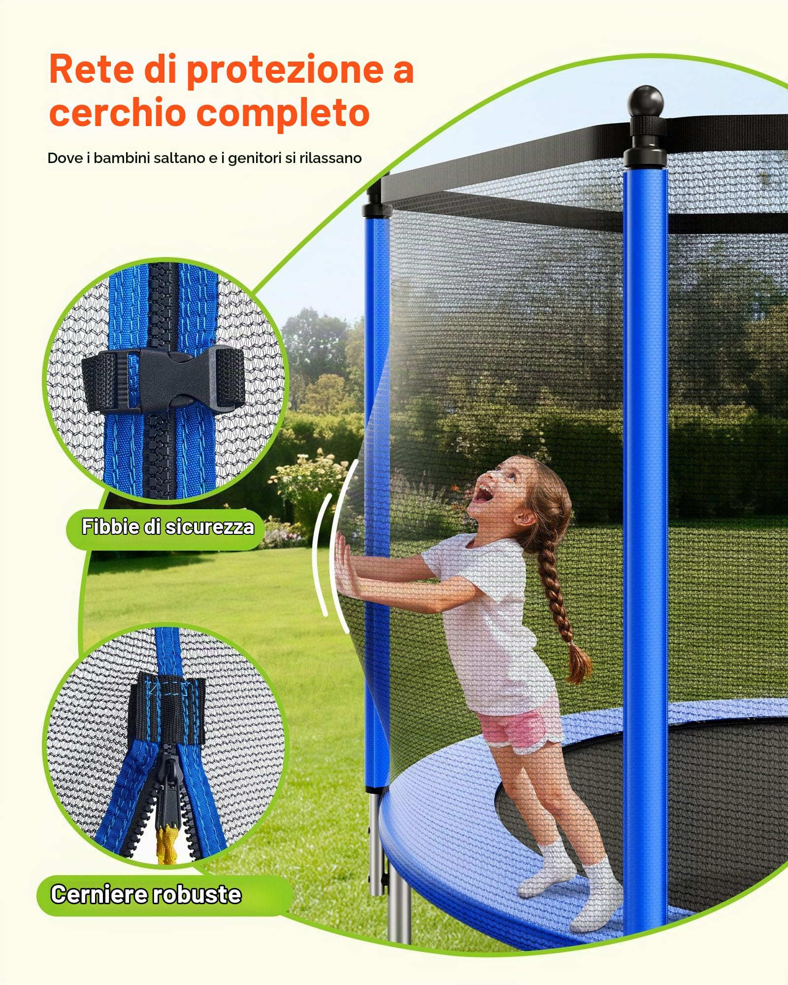VEVOR Trampolino da Esterno 244 x 244 cm con Rete di Sicurezza e Telaio in Acciaio, Omologato ASTM, per Carichi Pesanti, Capacità Massima di 120 kg, Trampolino da Giardino per Bambini