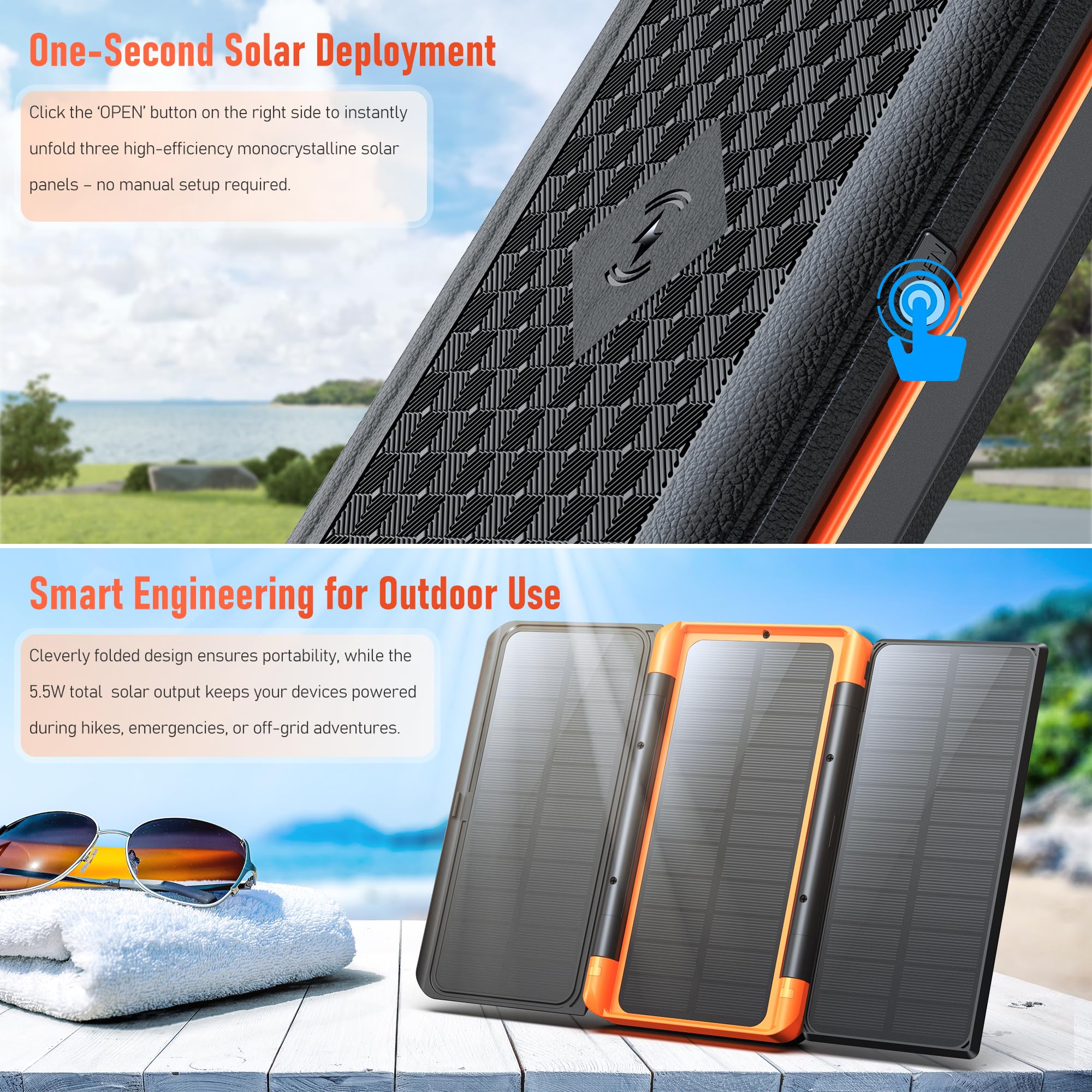 63200mAh Power Bank Solare con 3 Pannelli Solari e 22,5W Ricarica Rapida: Batteria Esterna Wireless con 6 Uscite, Torcia SOS e Display Digitale, Ideale per Campeggio e Attività Outdoor,Emergenza