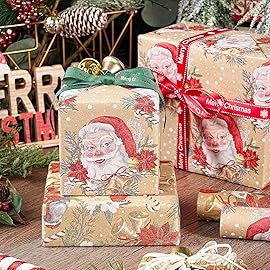 RUSPEPA Kraft Christmas Wrapping Paper Set, Jumbo Roll, Vintage Santa, Bird, Poinsettia,and Gold Snowflake Plaid Design, Kraft Gift Wrap for Christmas, Holiday, 4 Rolls, 30 Inches x 10 Feet per Roll