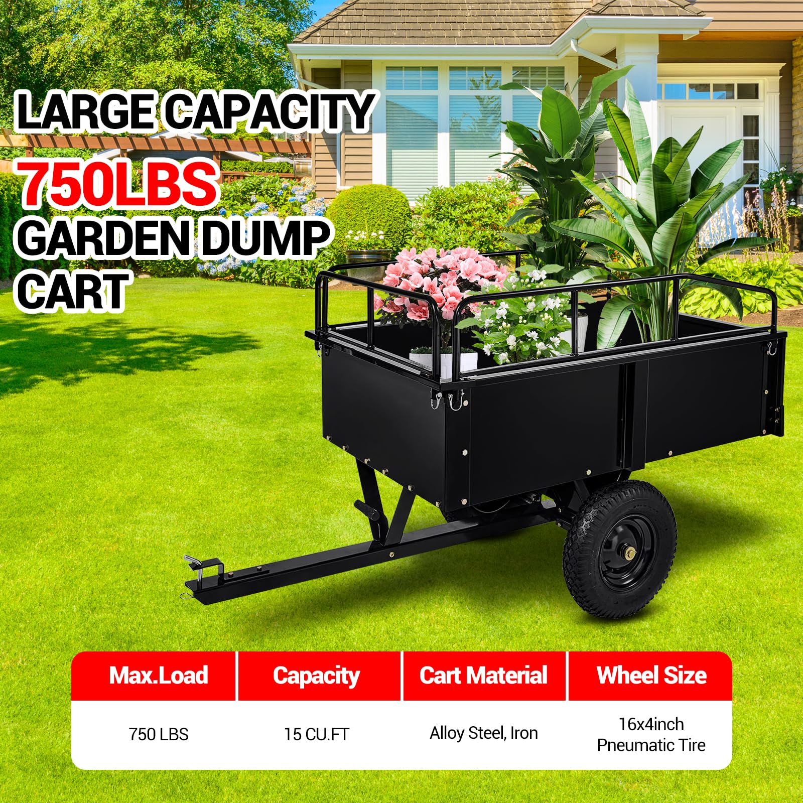 Garvee Remolque Utilidad Robusta 900 LB - Volquete basculante de acero con derrame manual y pedal - Ruedas todoterreno, doble rodamiento, ideal para tractor cortacésped, Quad, granja, madera