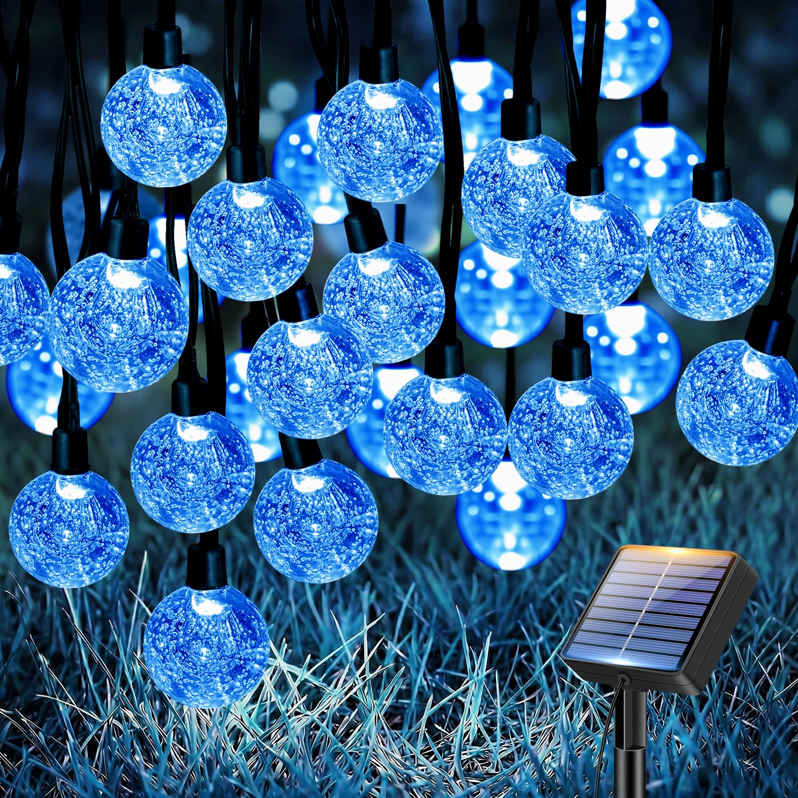 btfarm 15M 50LED Solar Lichterkette Aussen, LED Kristall Kugeln Solarlichterkette Außen Wetterfest IP65 Wasserdicht, 8 Modi Lichterketten Outdoor für Balkon Garten Party Weihnachten Deko, Blau