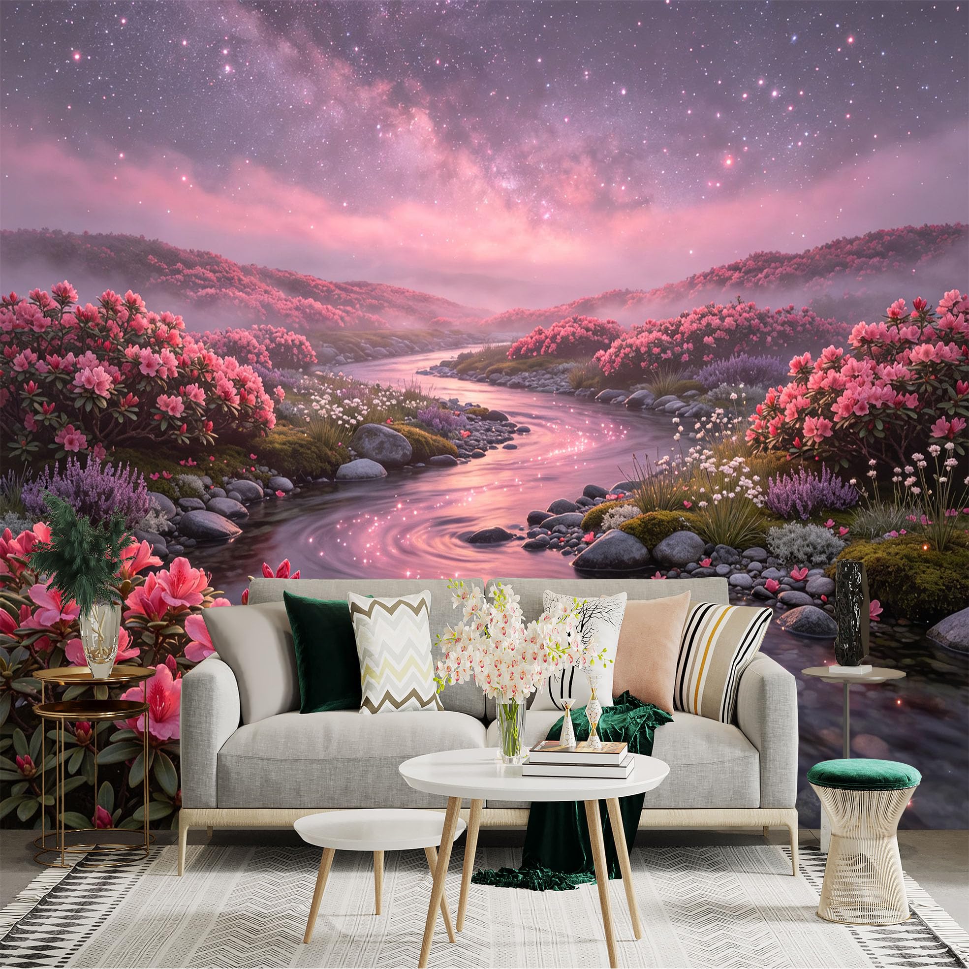 Lnzczhyre Bh260719548 Custom Size Wall Sticker Mural， Pink Floral River Landscape， Enchanted Misty Garden， Glowing Starry Galaxy Sky， For Wall Decoration， Peelandstick Wall Decals.