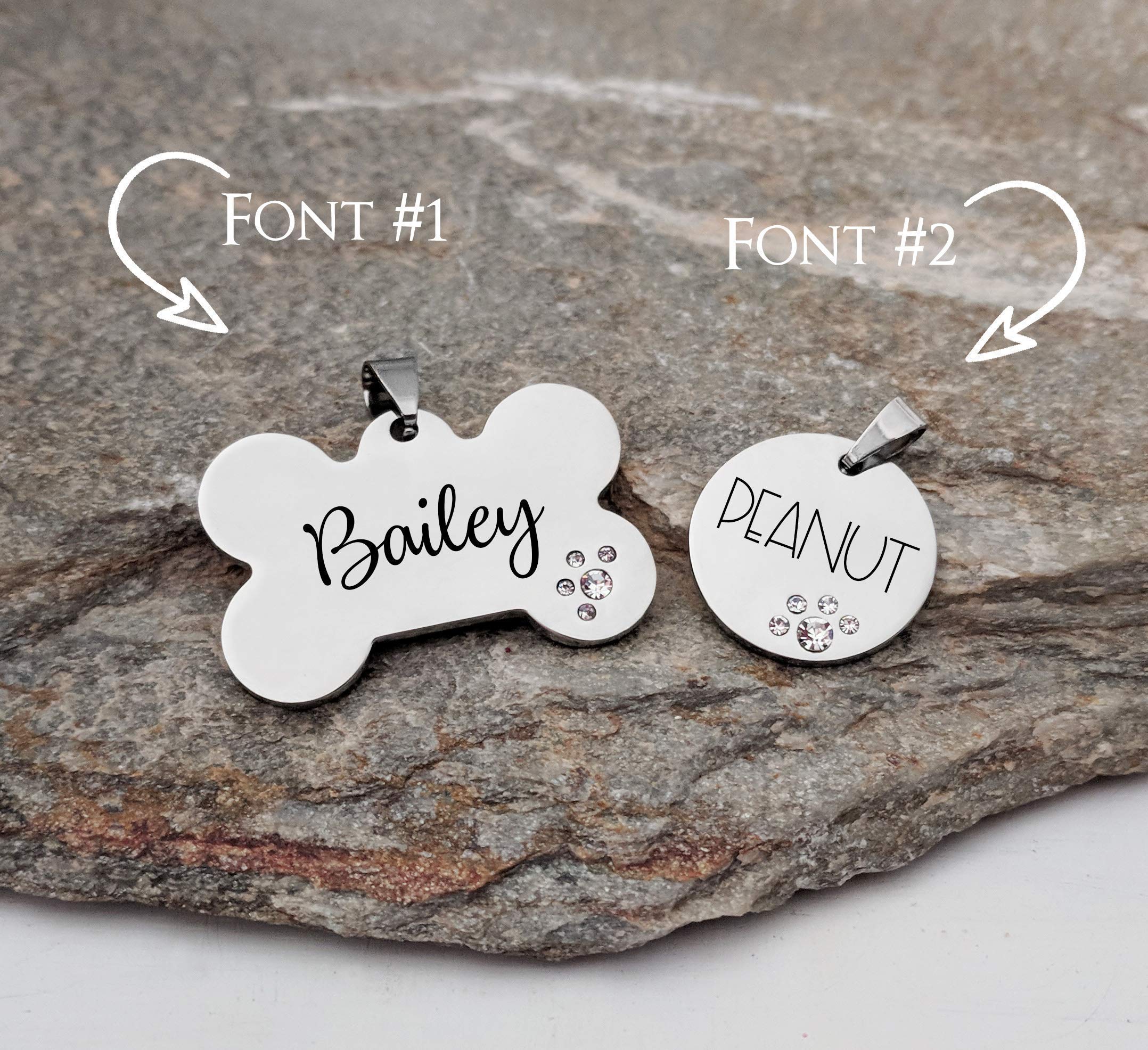 Pet ID Tag Custom Engraved Bone OR Circle with rhinestones - Choose your font - DOUBLE sided engraving included