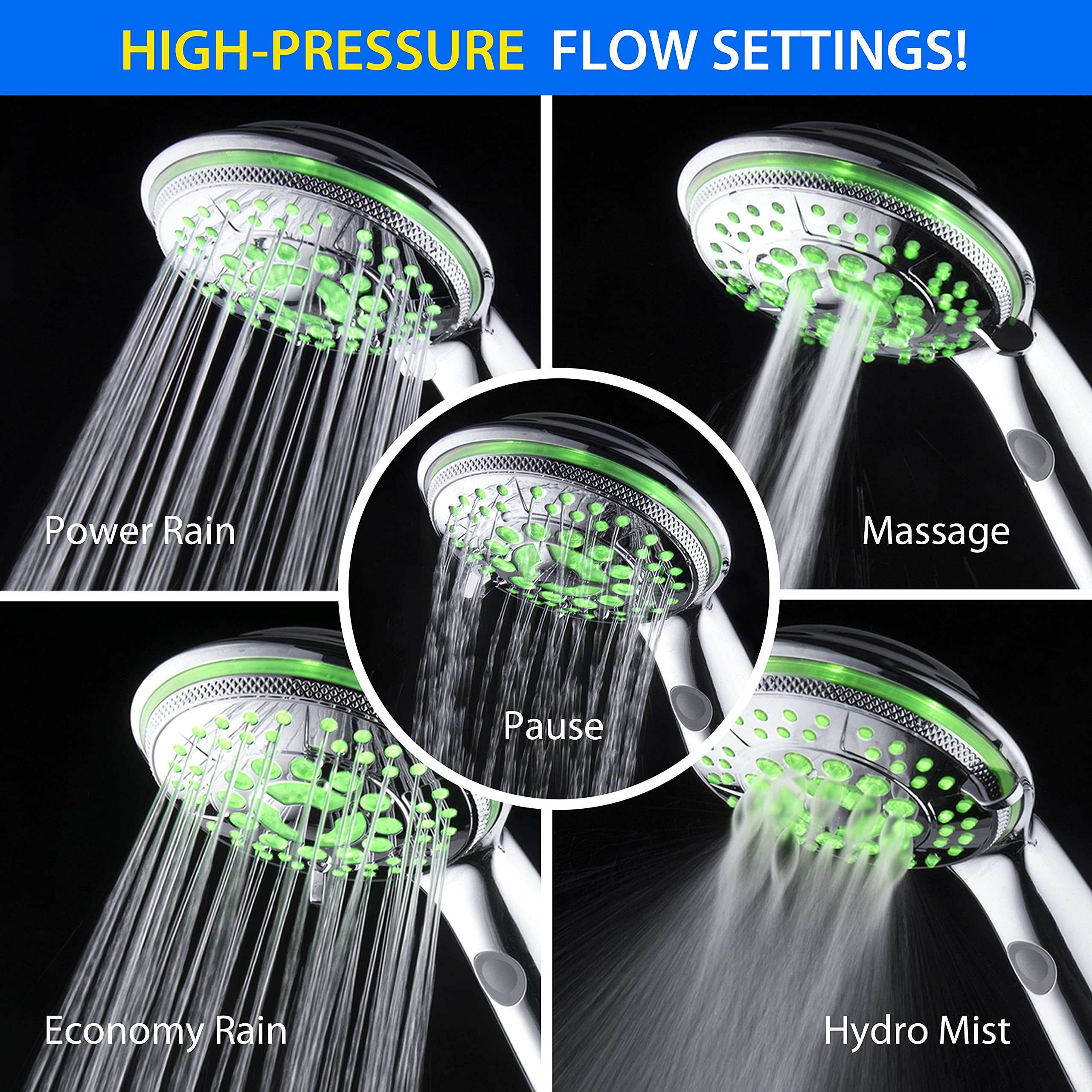Hotel Spa 5-Mode Rechargeable LED Handheld Shower with Light Switch, Chrome Finish