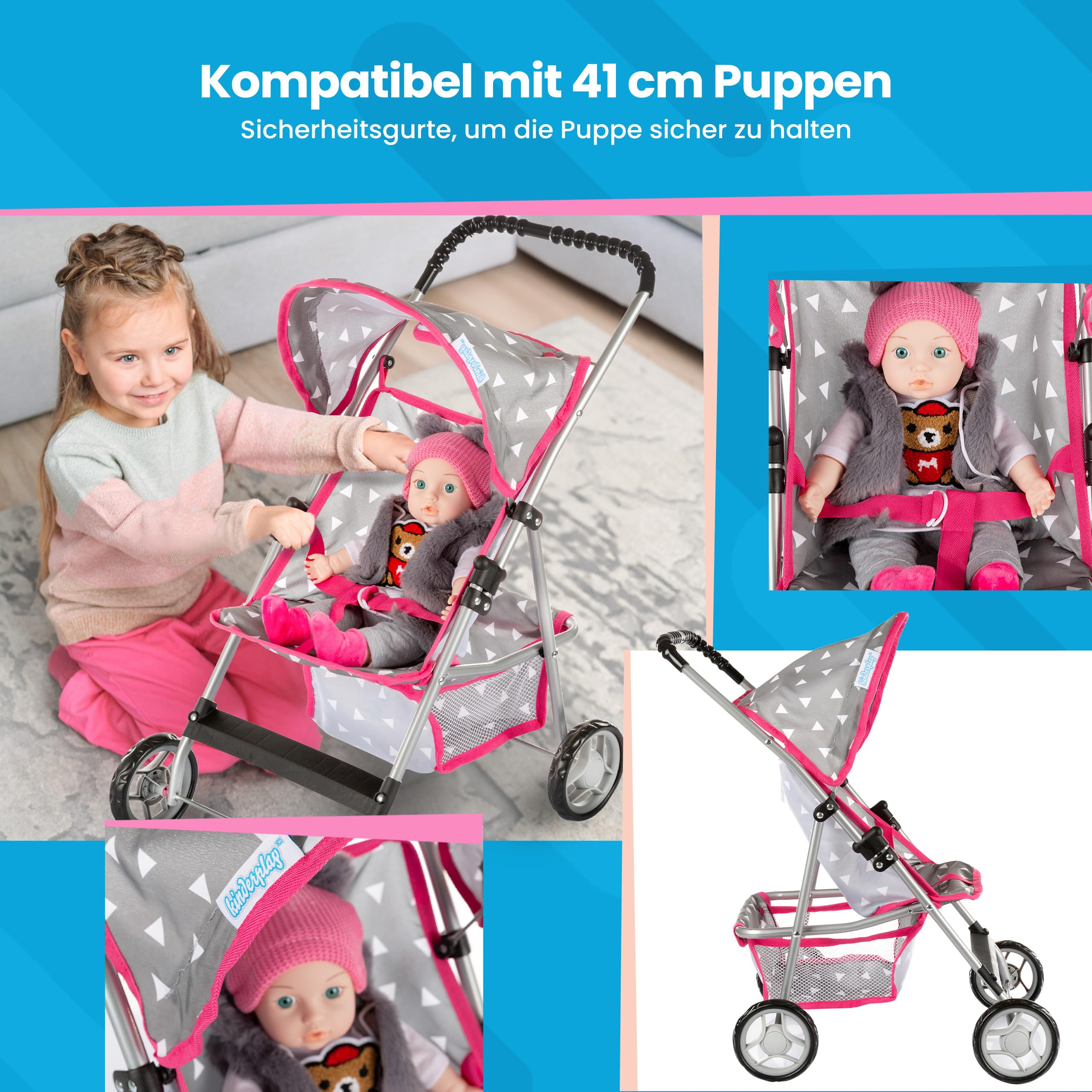 Kinderplay Wózek dla lalek, wózek dziecięcy, wózek dla lalek, wózek z pasem bezpieczeństwa i siatką na zakupy – zabawka dla niemowląt, nowoczesne, lekko obracające się kółka i miękka rękojeść, KP0280S