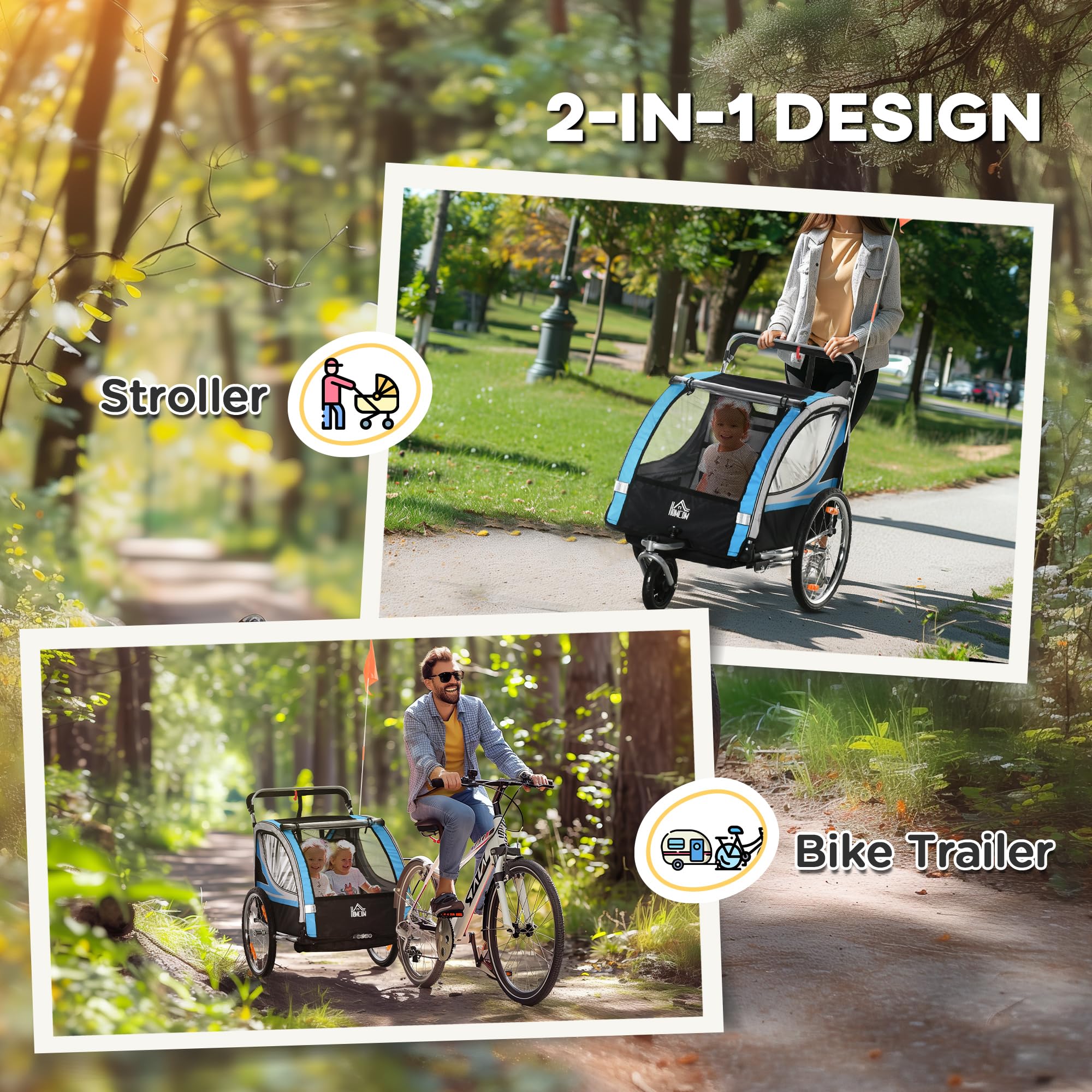 HOMCOM Remolque de Bicicleta para Niños y Cochecito, Diseño 2 en 1 con Freno, Cinturón de 5 Puntos, Carro Remolque para Bicicleta con Bolsillos Laterales, Reflectores y Banderín