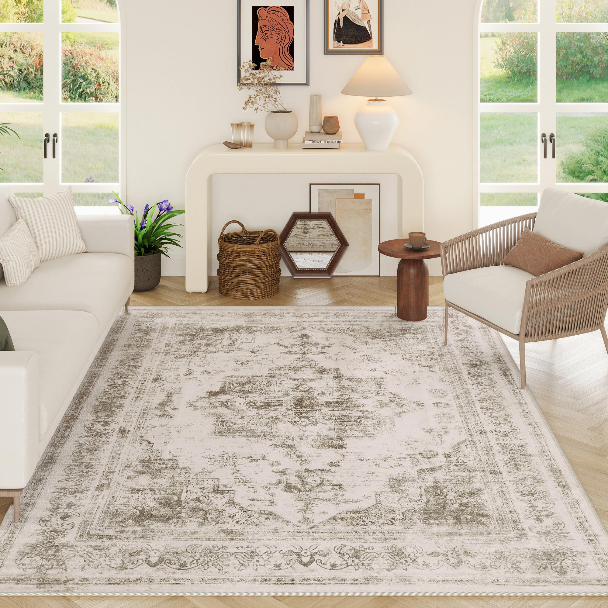 HUGEAR Vintage Beige Rugs Living Room Washable Non Slip Large Area Rug 90x150cm Bedroom Kitchen Hall Lounge Office Dining Room Indoor Carpet Low Pile Big Carpets
