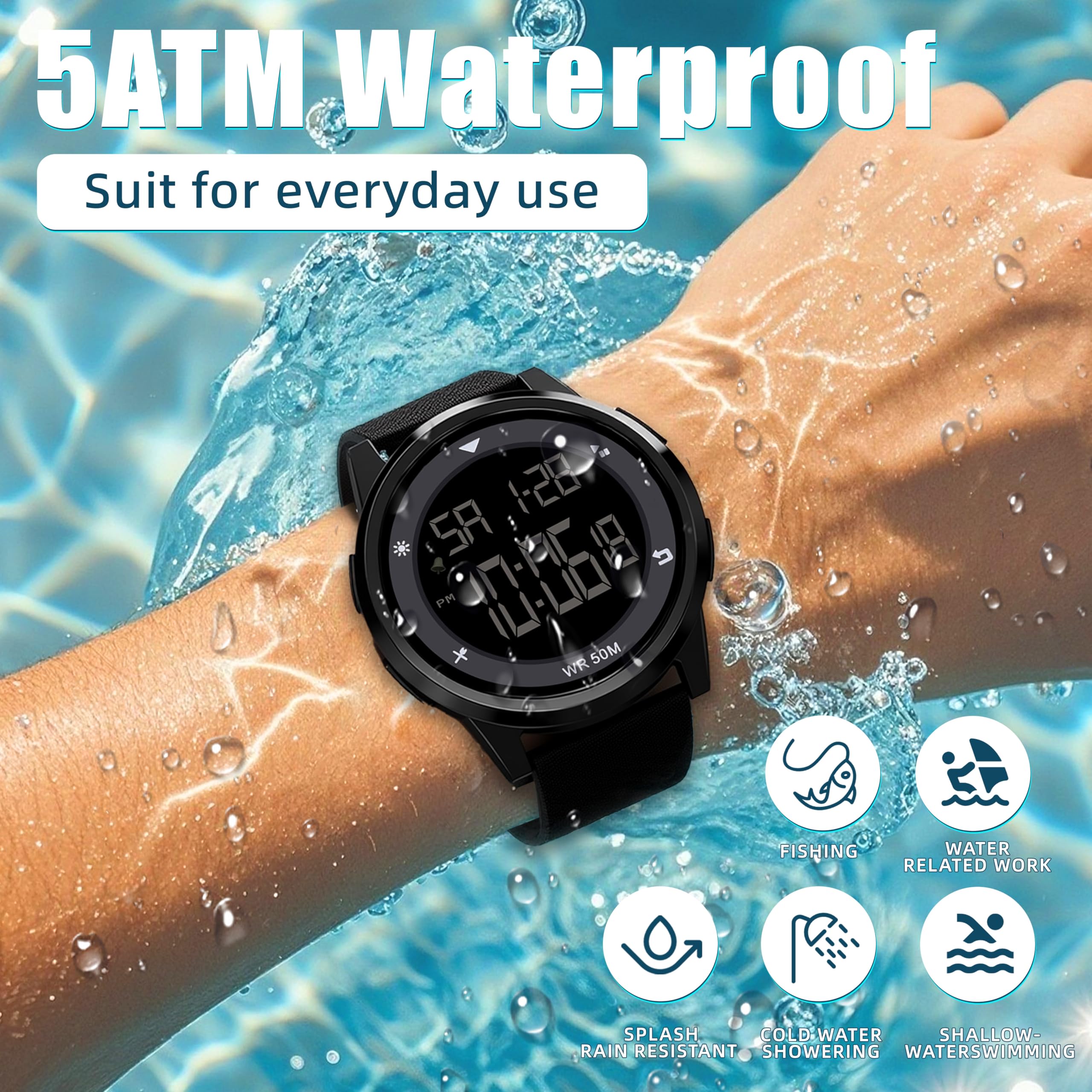 Reloj digital deportivo impermeable cronómetro alarma hora militar ultrafino hombres y mujeres reloj al aire libre, Negro -, Moderno 5