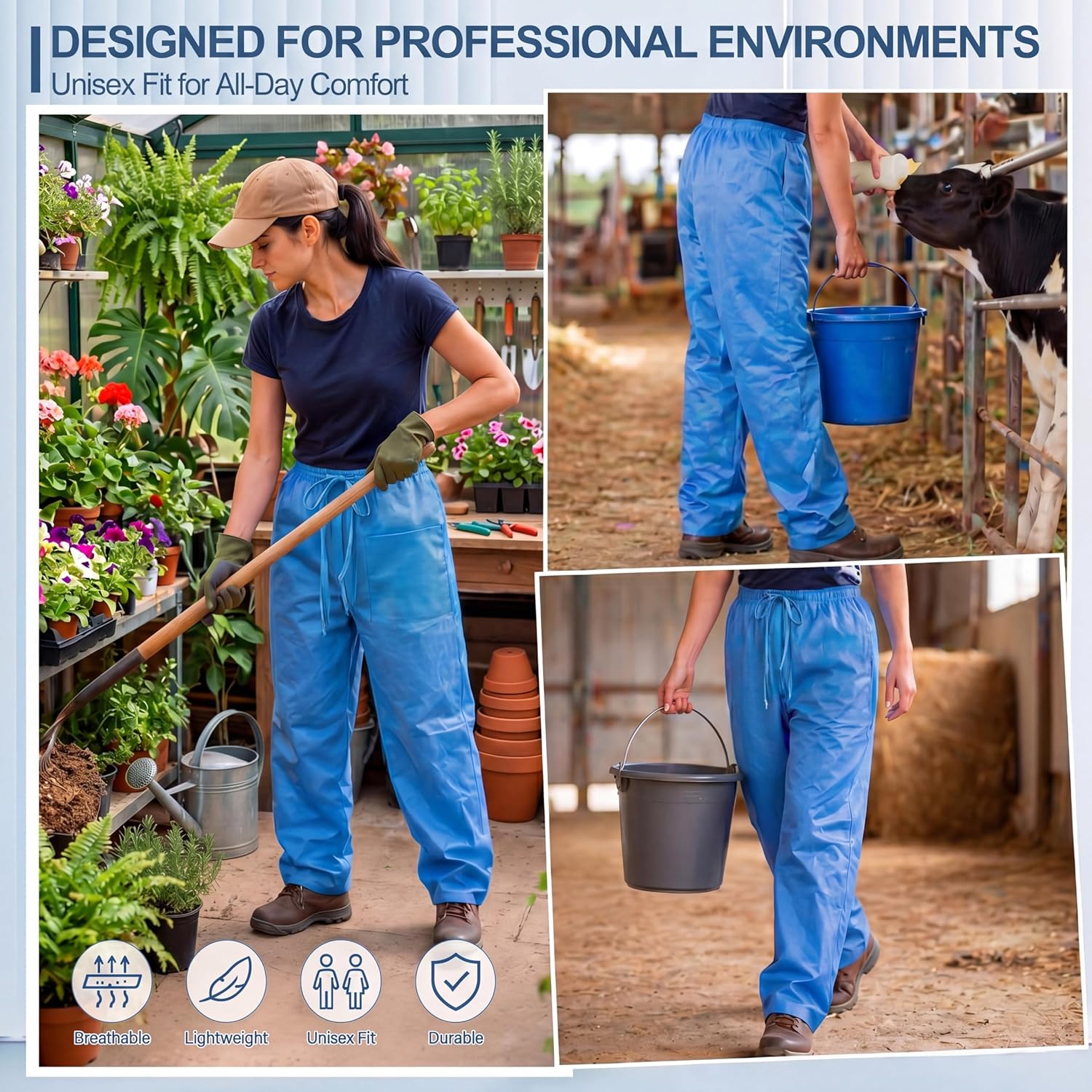 Geiserailie 50 Pcs Disposable Nonwoven Breathable Work Pants L Size Blue Work Pants, Adjustable Drawstring Tie Waist, Lightweight Protective Trousers with 2 Pockets for Controlled Environment