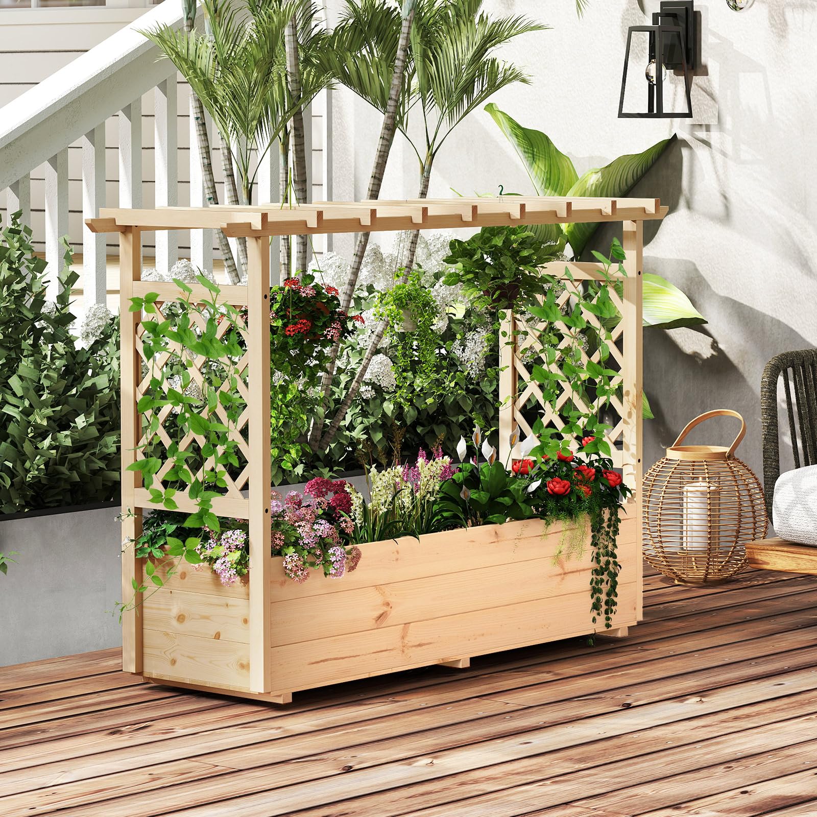 RELAX4LIFE Pflanzkasten mit Rankgitter, Hochbeet mit Hängedach, Blumenbeet für Kletterpflanzen Blumen Gemüse Obst, Blumenkasten für Balkon Terrasse Garten (148 x 50 x 103cm)