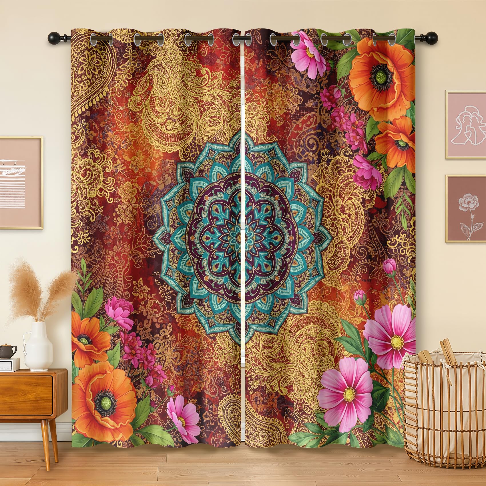 Havenix Boho Mandala Blackout Curtains for Bedroom Living Room, Eyelet Curtains 213cm Drop, Thermal Insulated Drapes for Windows, Indian Paisley Floral Patterned Window Treatments, 2 Panels