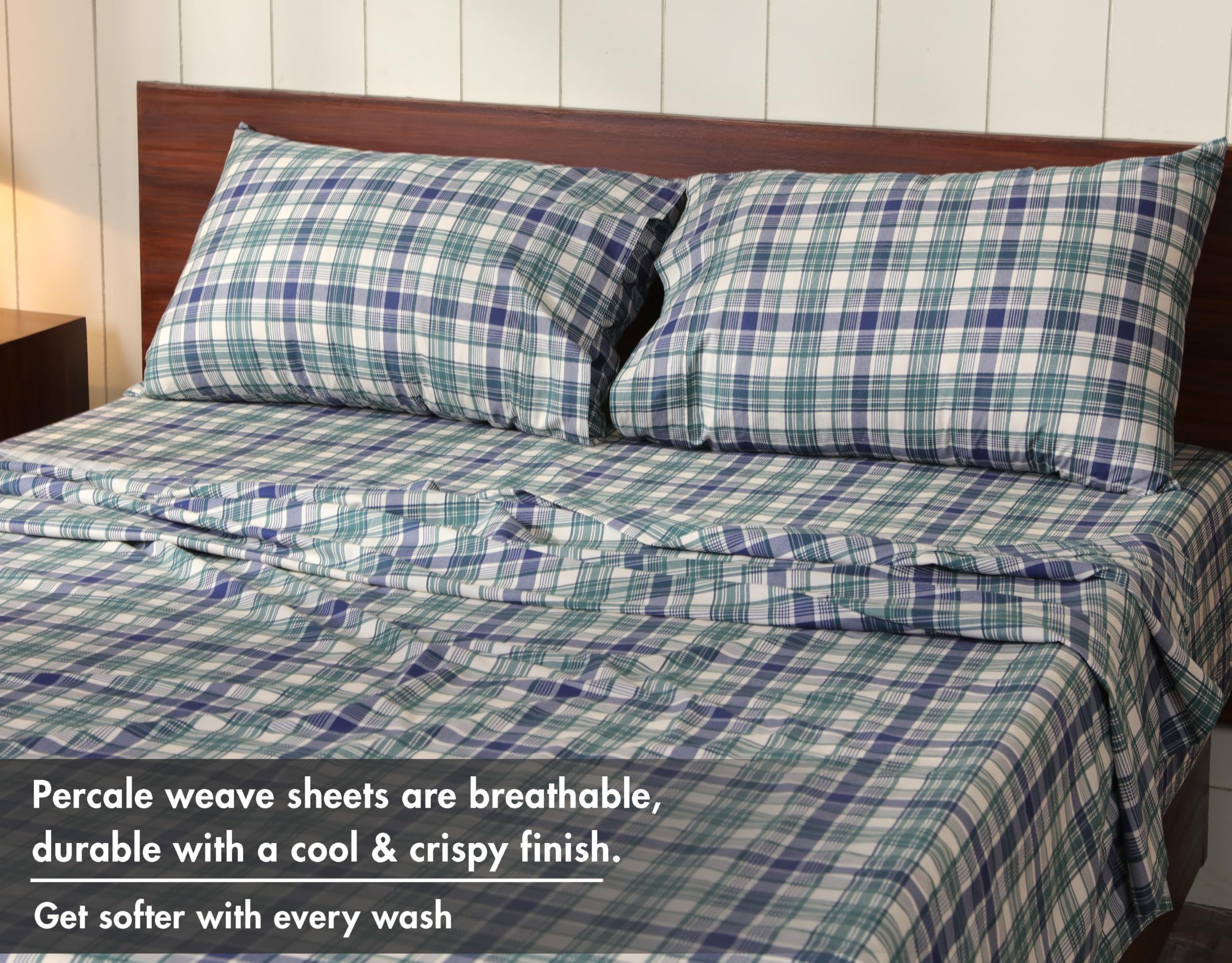 RUVANTI Bettlaken aus 100% Baumwolle, kühlendes Perkal-Bettlaken für King-Size-Bett, atmungsaktiv und langlebig, Kingsize-Bettlaken-Set, 40,6 cm Tiefe Taschen, grünlich-blaues Karo, 4-teilig | Knackig kühlend, tiefe Tasche, 40,6 cm, weich, atmungsaktiv un