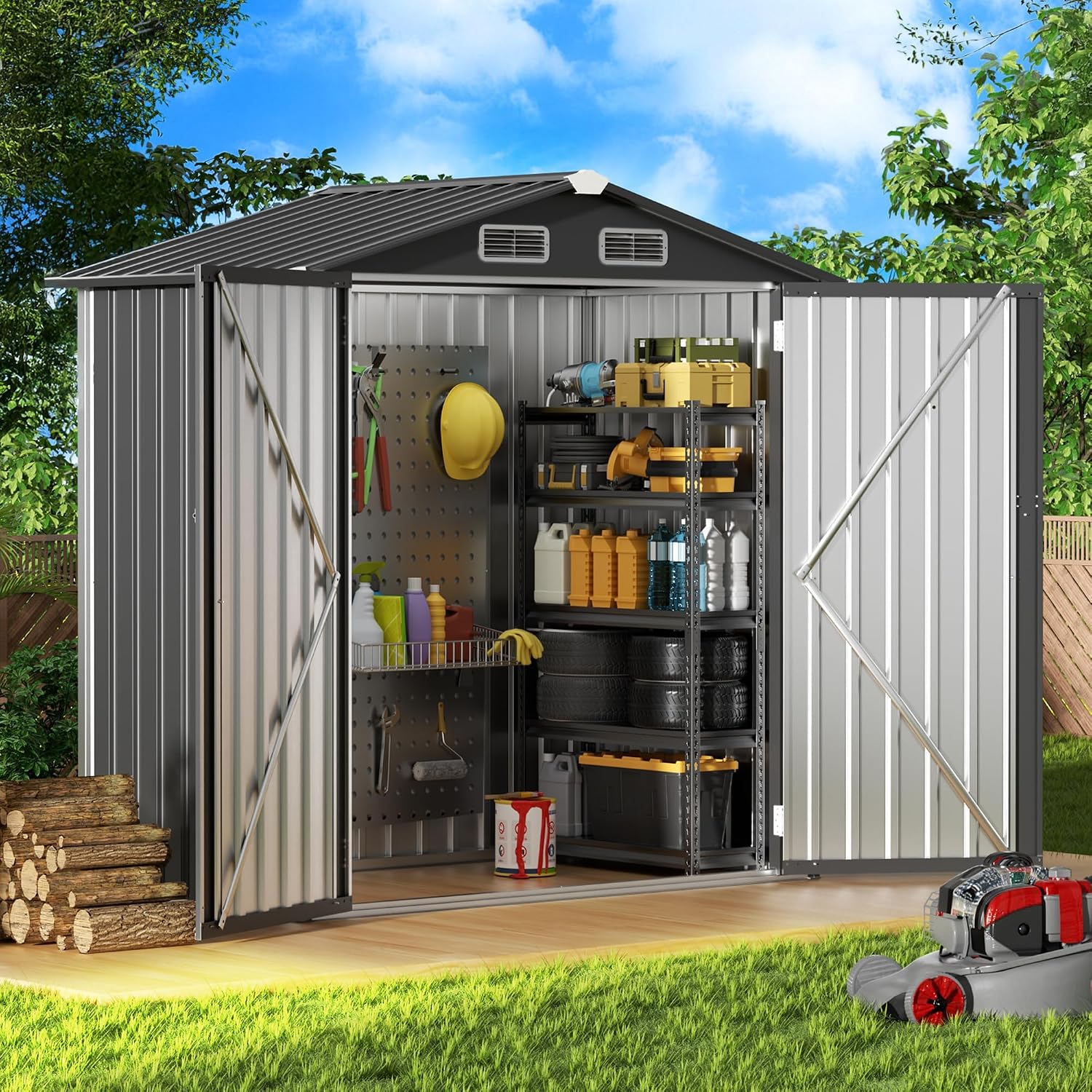 5.6 x 3.2 FT Outdoor Metal Storage Shed, Lockable Steel Garden Tool Shed with Sloped Roof for Backyard Patio Lawn, Black