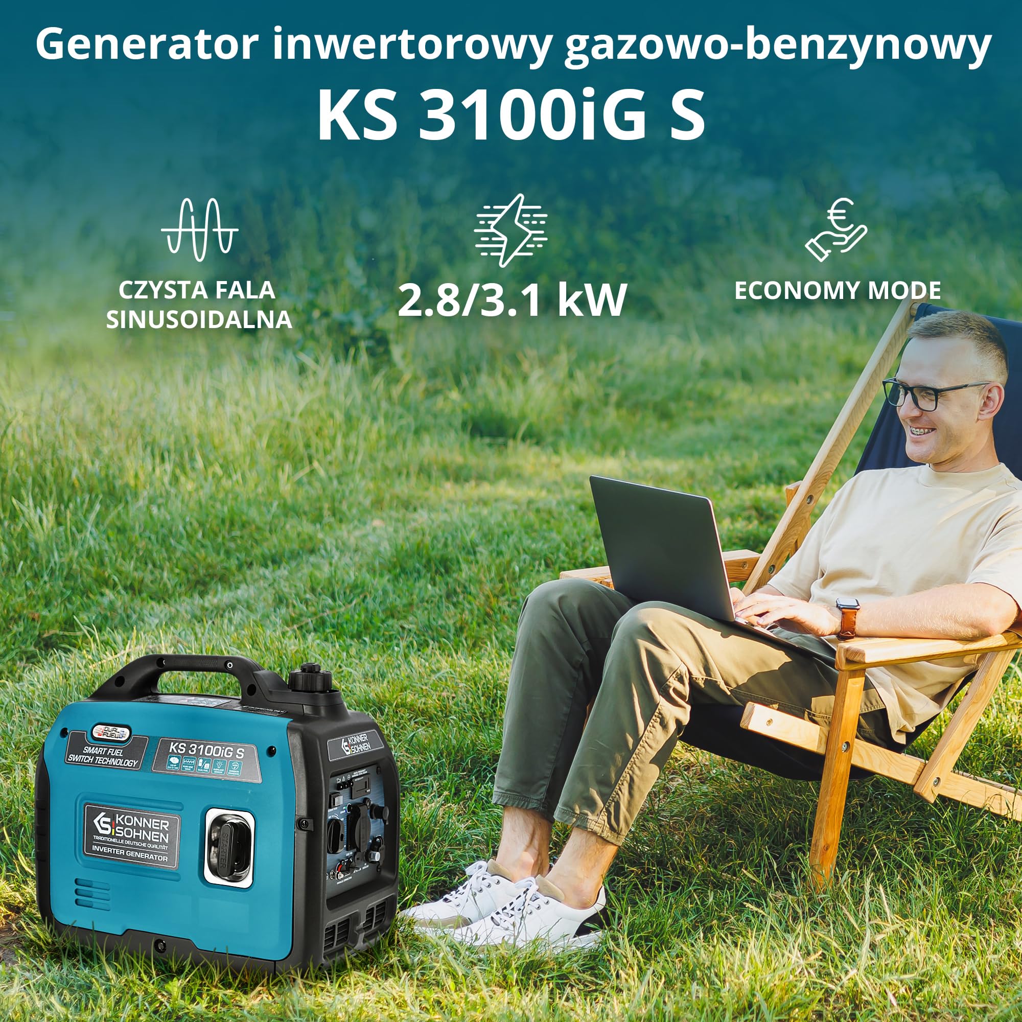 Generator inwertorowy gazowo-benzynowy KS 3100iG S Könner & Söhnen agregat prądotwórczy 3100W, Schuko 230 В, 2 porty USB, Wyświetlacz LED, tryb ECO, uzwojenia miedziane, generator prądu.