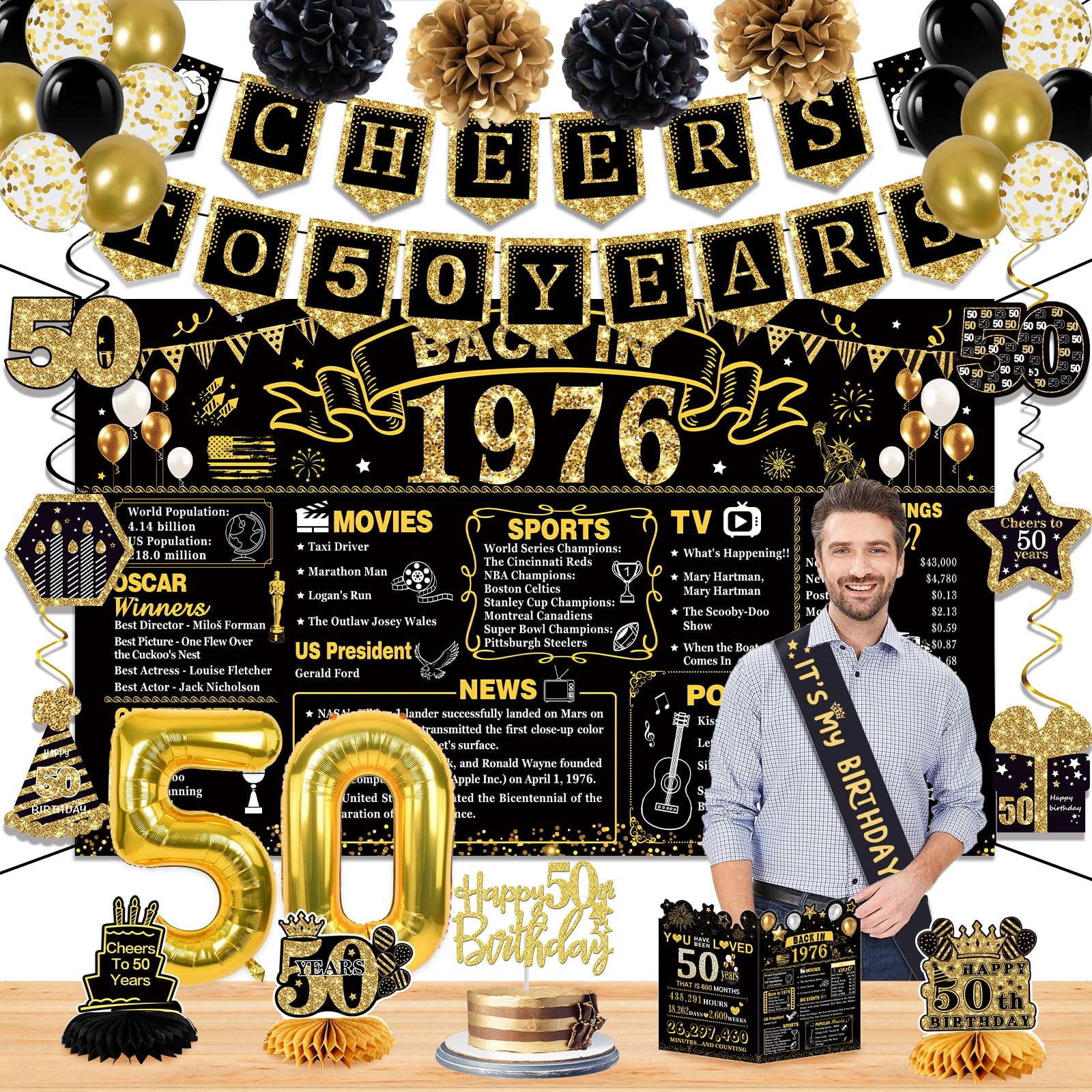 50th Birthday Decorations for Men Women, 22PCS 1976 Banner Decorations, Including Banner, 6 Honeycomb Topper, 50 Balloons, Cheers to 50 Years Banner,