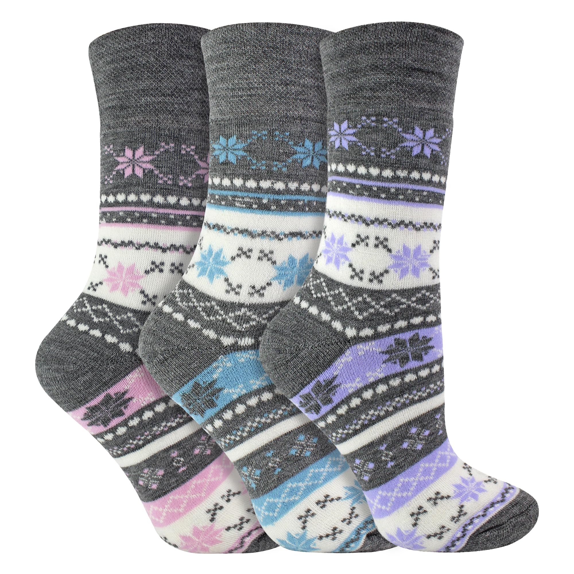 Ladies 3 Pairs of Thick Winter Warm Fairisle Patterned Thermal Socks with Non-Elastic Top (4-8 UK, Grey)