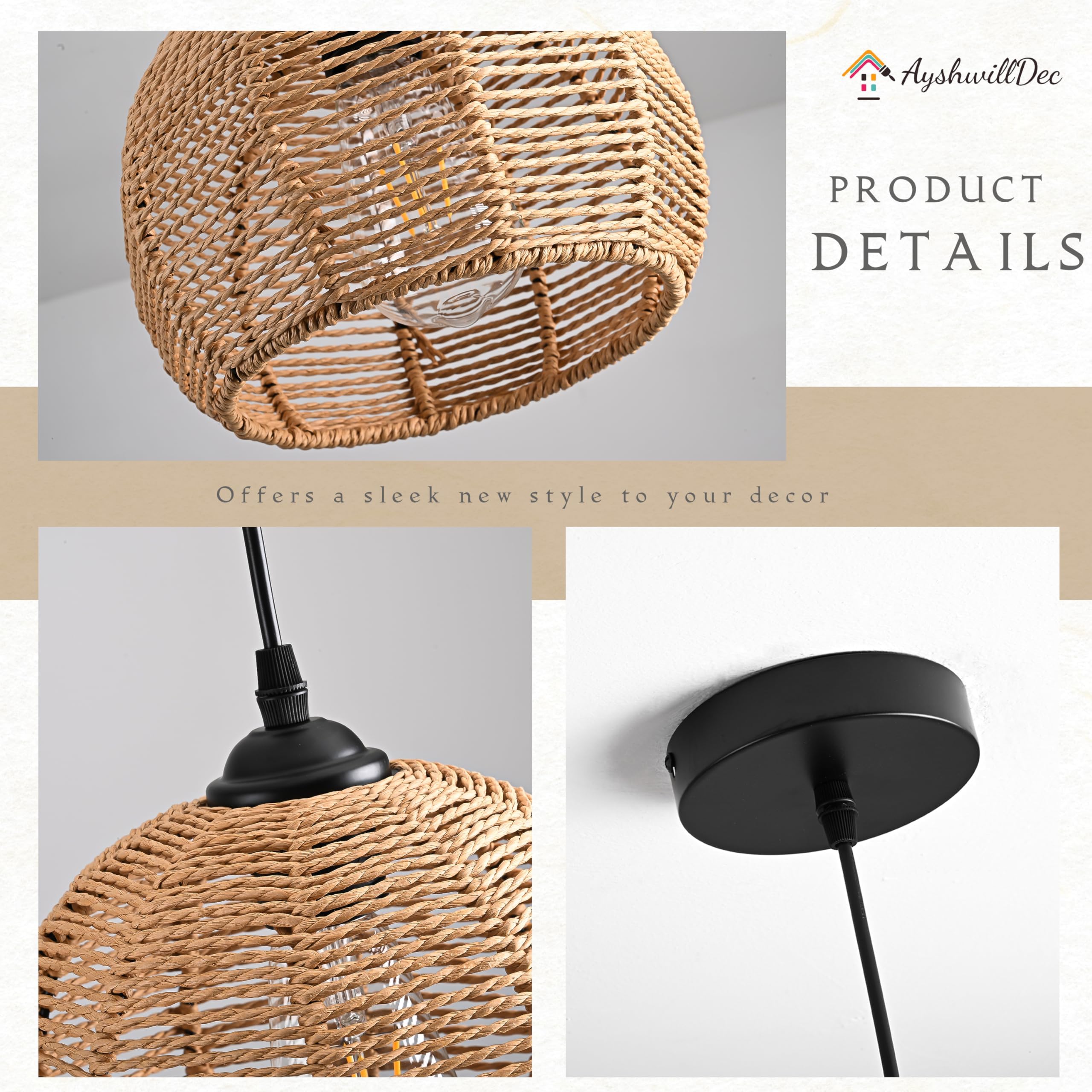 AyshwillDec 3 Pack Wicker Pendant Light Natural Woven Pendant Light Boho Chandel - product photo