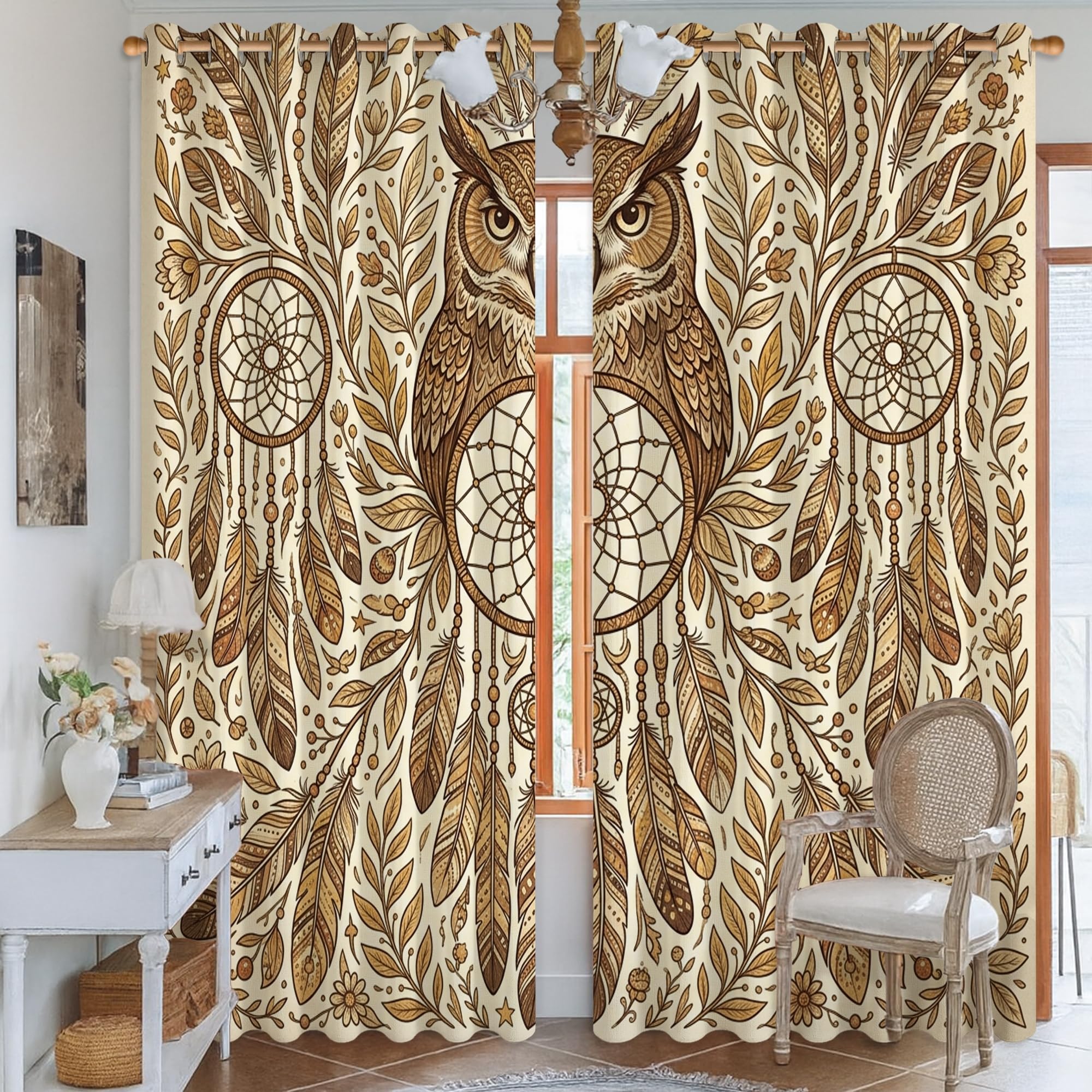 Eulenverdunkelungsvorhänge, böhmische Natur-inspirierte Traumfänger, Federn, braun, maschinenwaschbar, Ösenvorhänge für Schlafzimmer und Wohnzimmer, Fensterdekoration, 132 x 244 cm