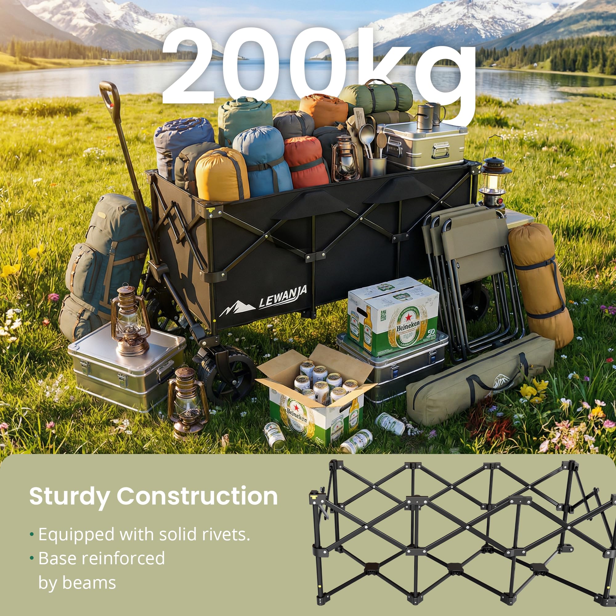 LEWANJA Chariot Pliant 250L, Chariot de Jardin Robuste avec Roues Larges et Freins, Poignée Réglable, Capacité 200 kg, Portable pour Camping, Plage et Courses