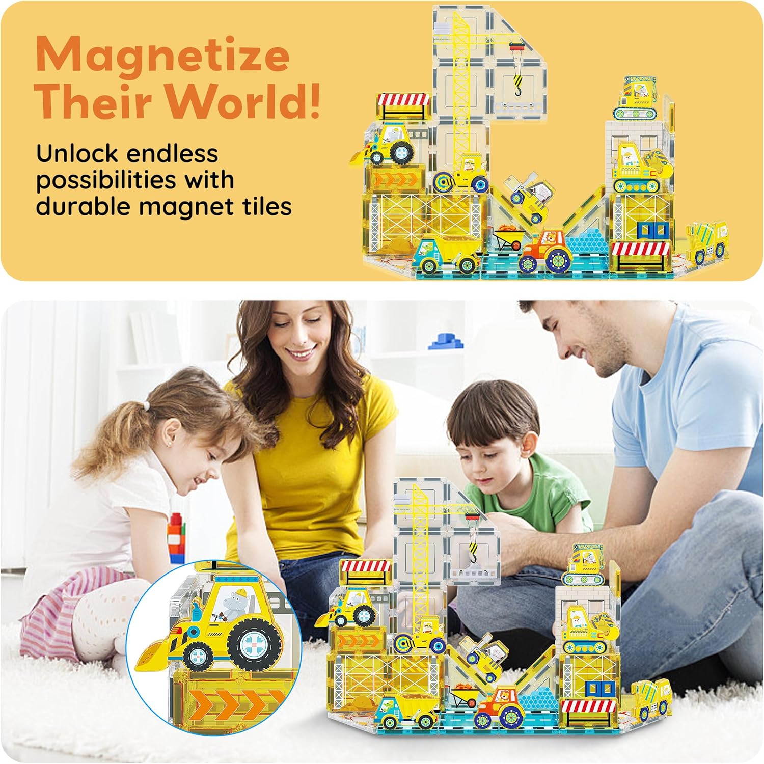 PicassoTiles Magnetic Tile Building Blocks Add On 8 Magnetized Action Figures Construction Vehicles & Zoo Animal Theme Compatible with Magnet Tiles Sets STEM Learning Toy for Boys & Girls Age 3+ PTA21