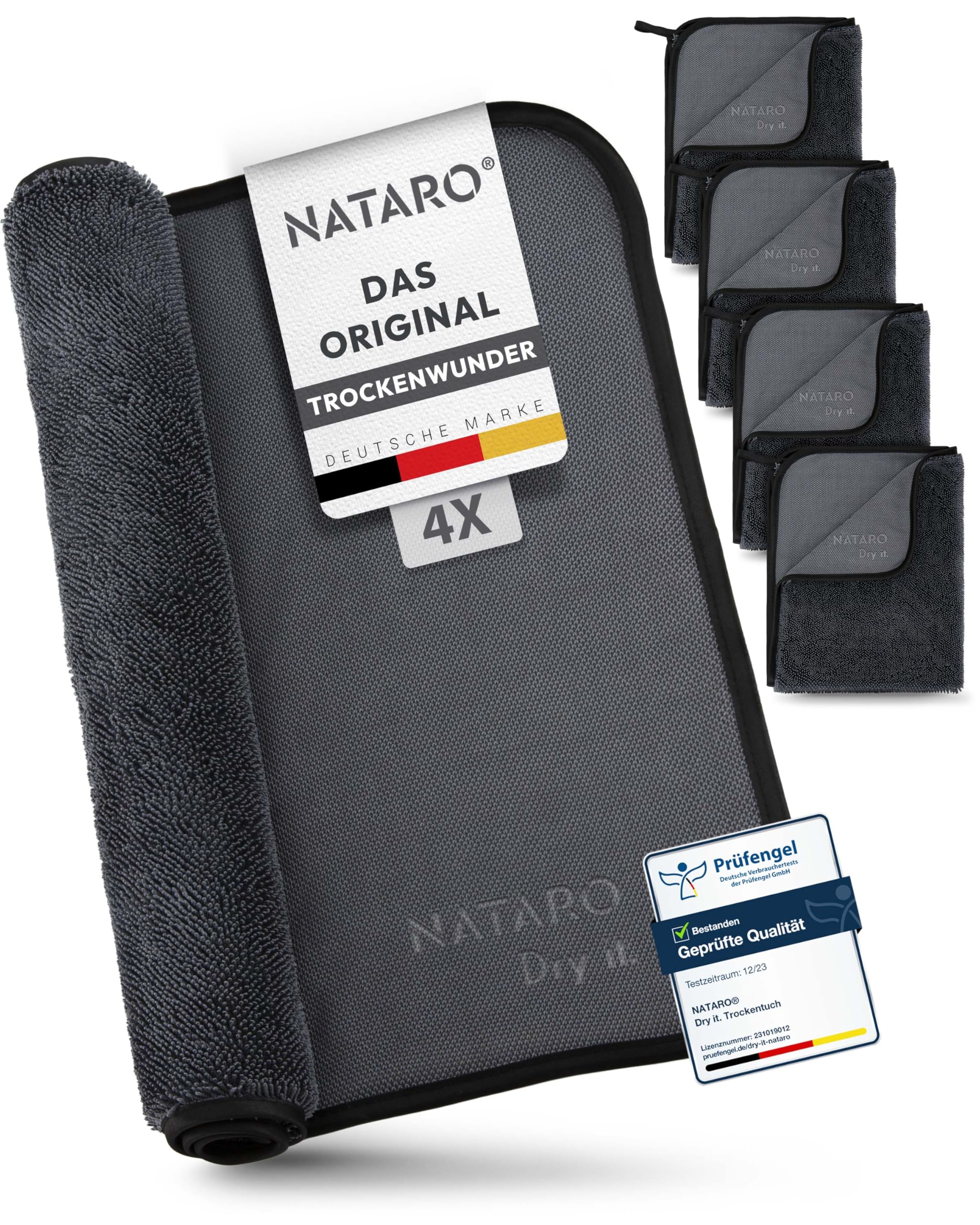 NATARO® 4 Stück Fast Dry it. Premium Trockentuch für Duschkabine, Auto, Haushalt, Camping – DAS ORIGINAL – extra saugfähiges Microfasertuch, fusselfrei, kratzfrei Shiny Wipes Tücher 40x50cm