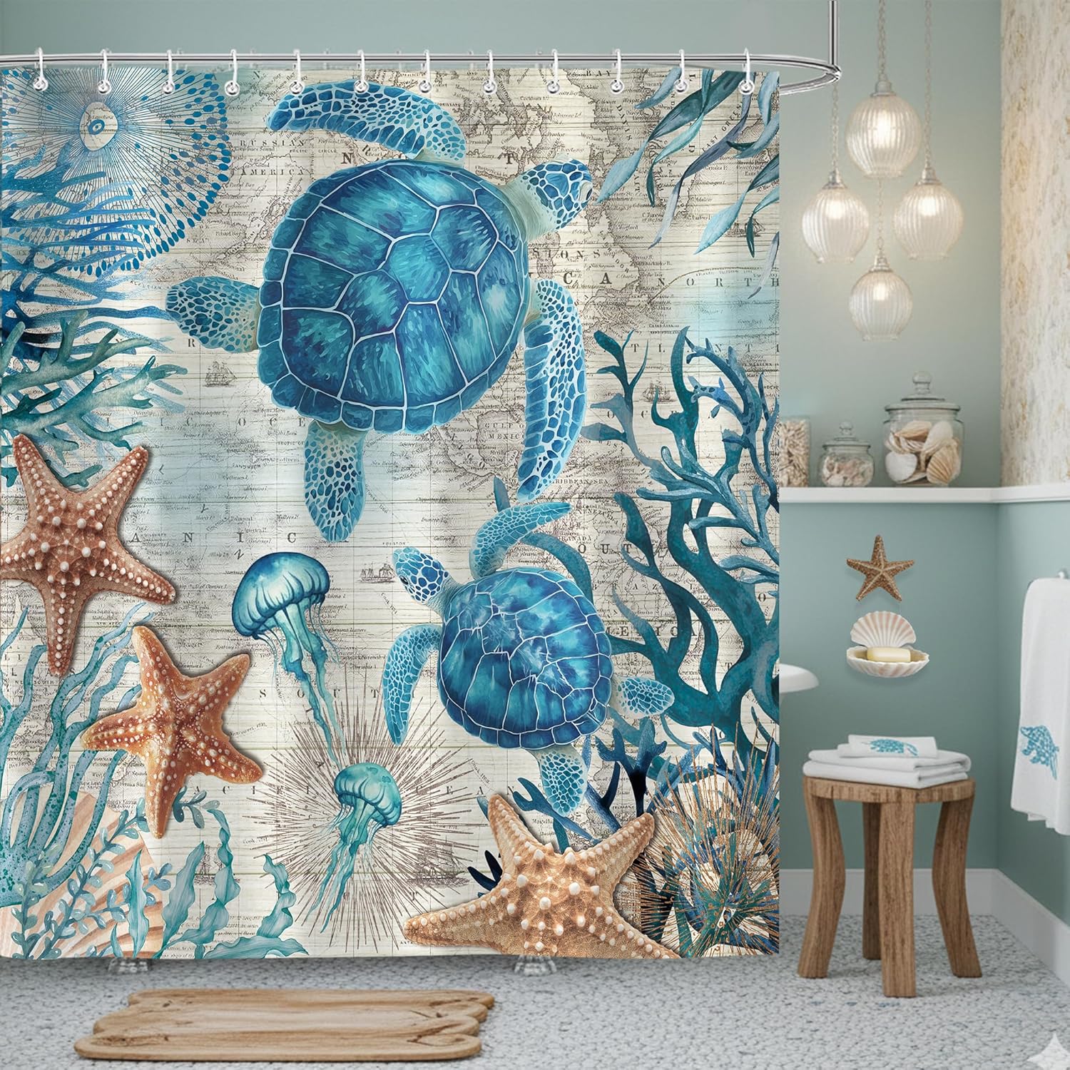 Colorful Fish Shower Curtain, Ocean Swiming Fishes Cartoon White Minimalist Shower Curtains Decor for Bathroom Set, Washable Fabric Cloth Waterproof with 12 Hooks, 72x84 Inch