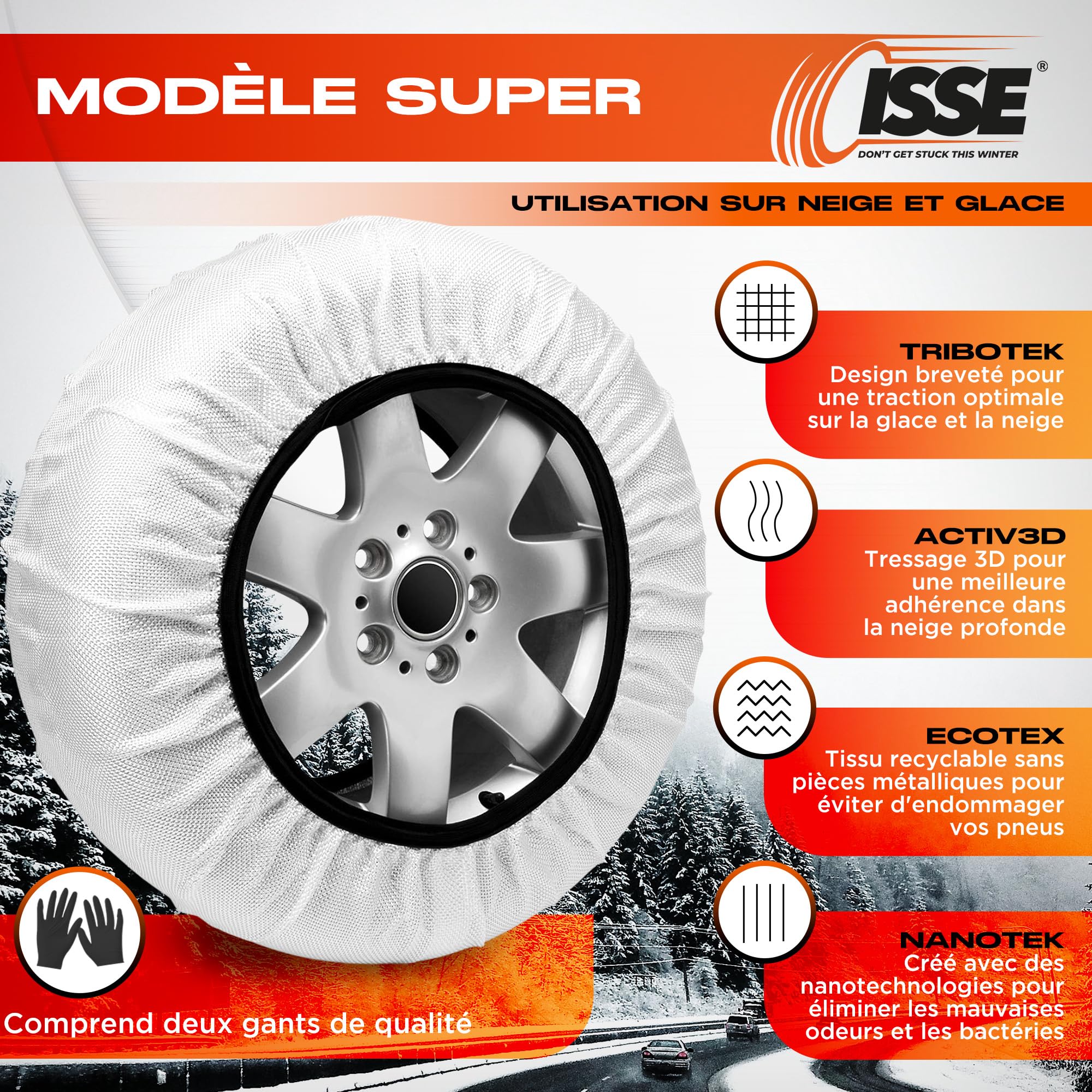 ISSE Jeu de 2 chaînes à neige en textile pour voiture ISSE Super Taille 66