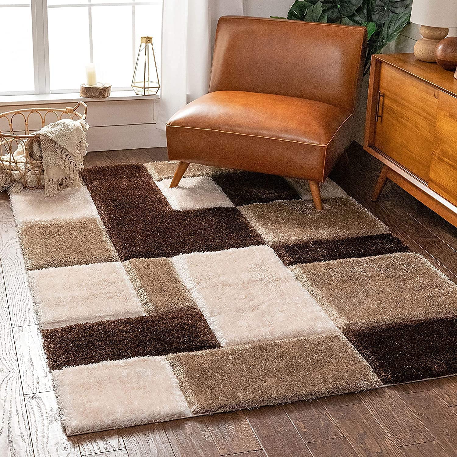 Ifza Carpet Modern Handwoven shag with 2 inch Pile Height for Living Room & Hall [Size-3x5 feet & Color-L-Box(Brown Multi)].
