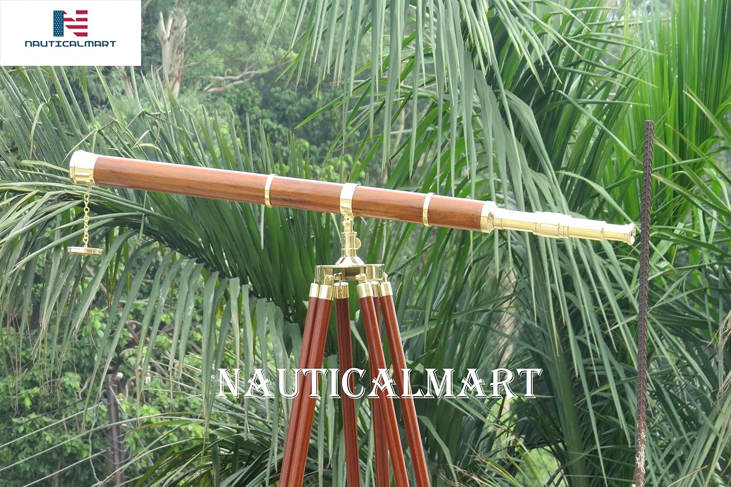 NauticalMart Floor Standing Brass - Wood Admiral Telescope 60" - Nautical Decor - Brass Telescope