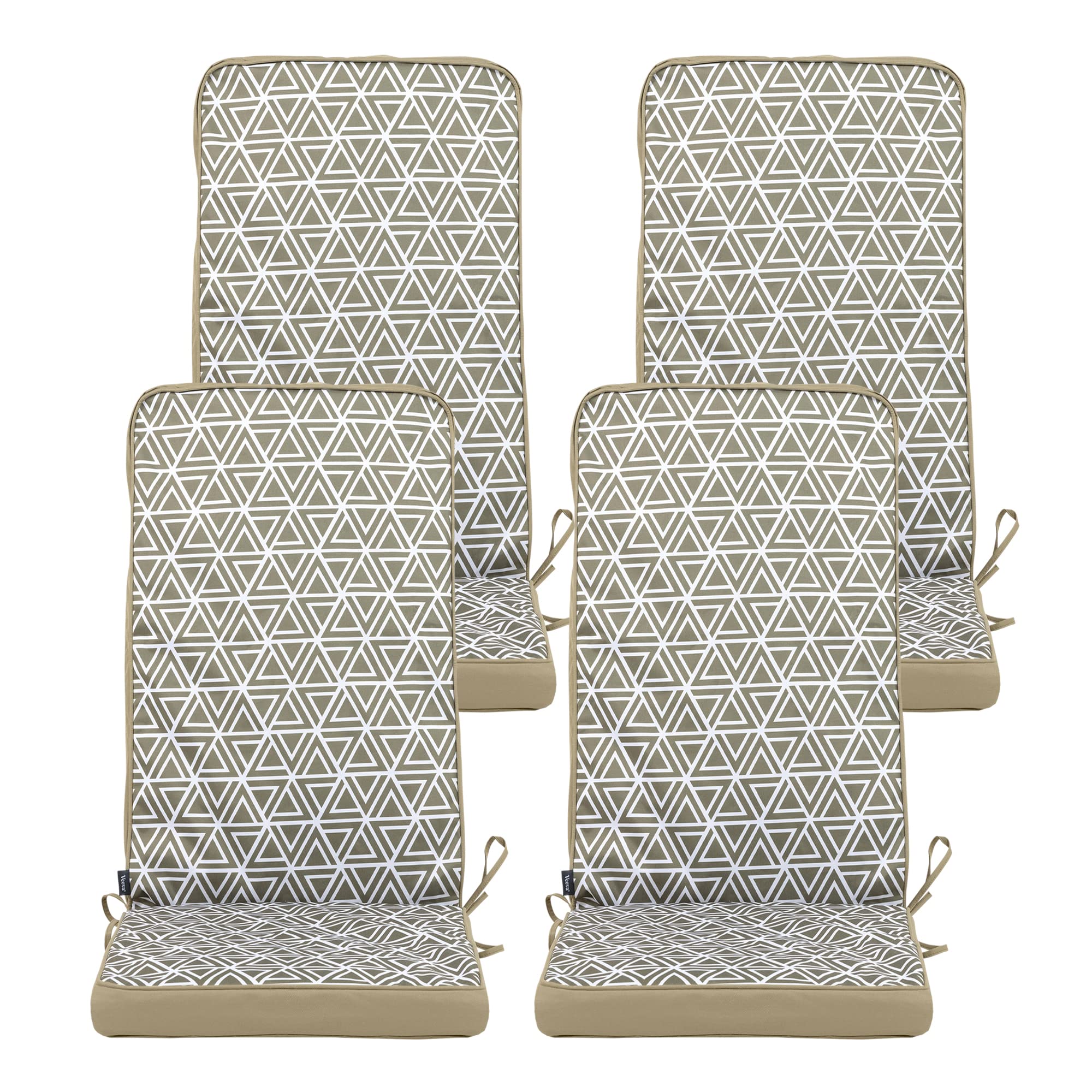Veeva icon Outdoor High Back Seat Pad, Geometric Olive Green, Set of 4, Garden Chair Seat Cushion with Fibre Fill Included, Water-Resistant, Cushions with ties for Chair, Garden, Patio Furniture