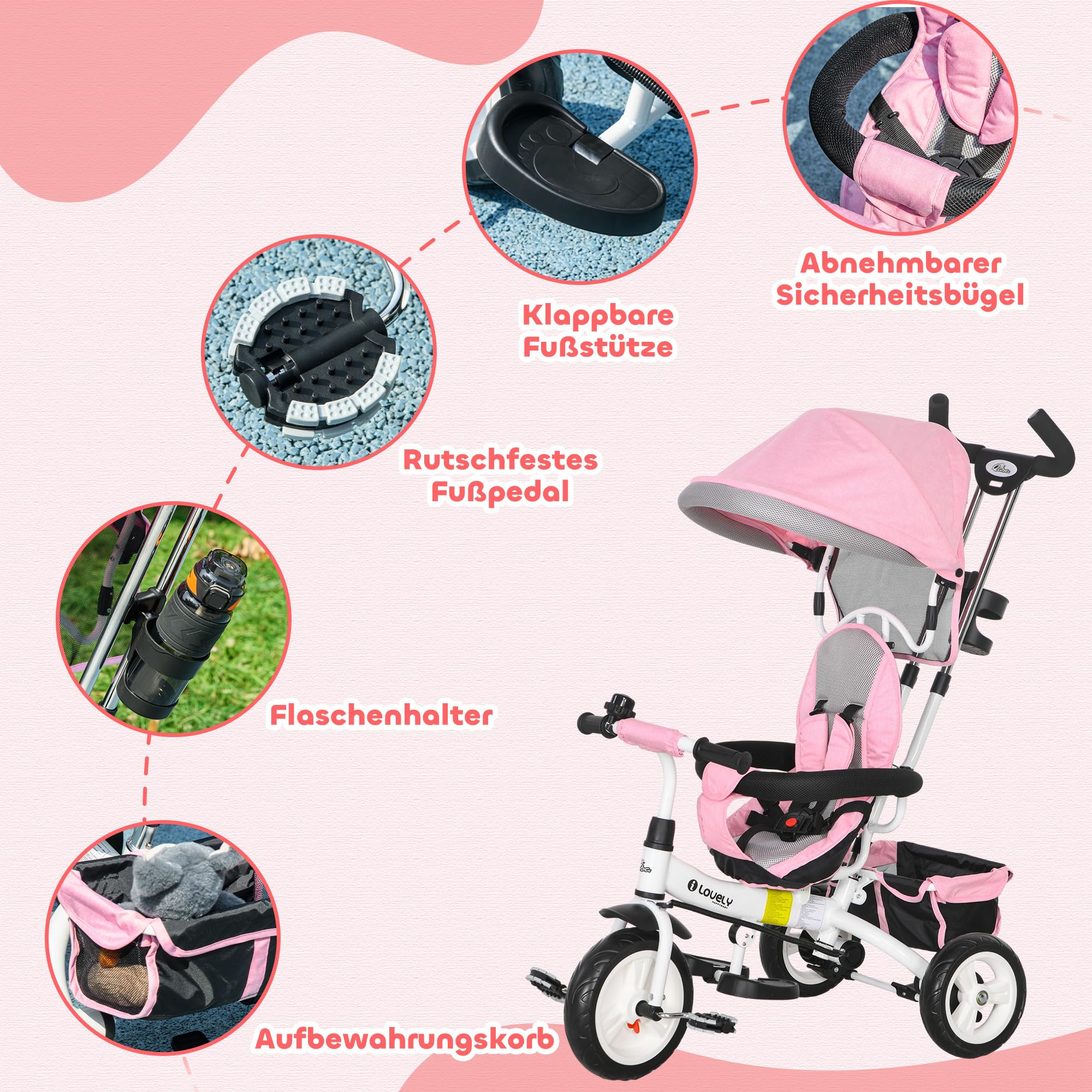 HOMCOM Dreirad 6-in-1 mit Schubstange für 1-5 Jahre Kinder bis 25kg, Kinderdreirad mit Vorwärts und Rückwärtsfahrt, Korb Getränkehalter Sonnendach, Rosa