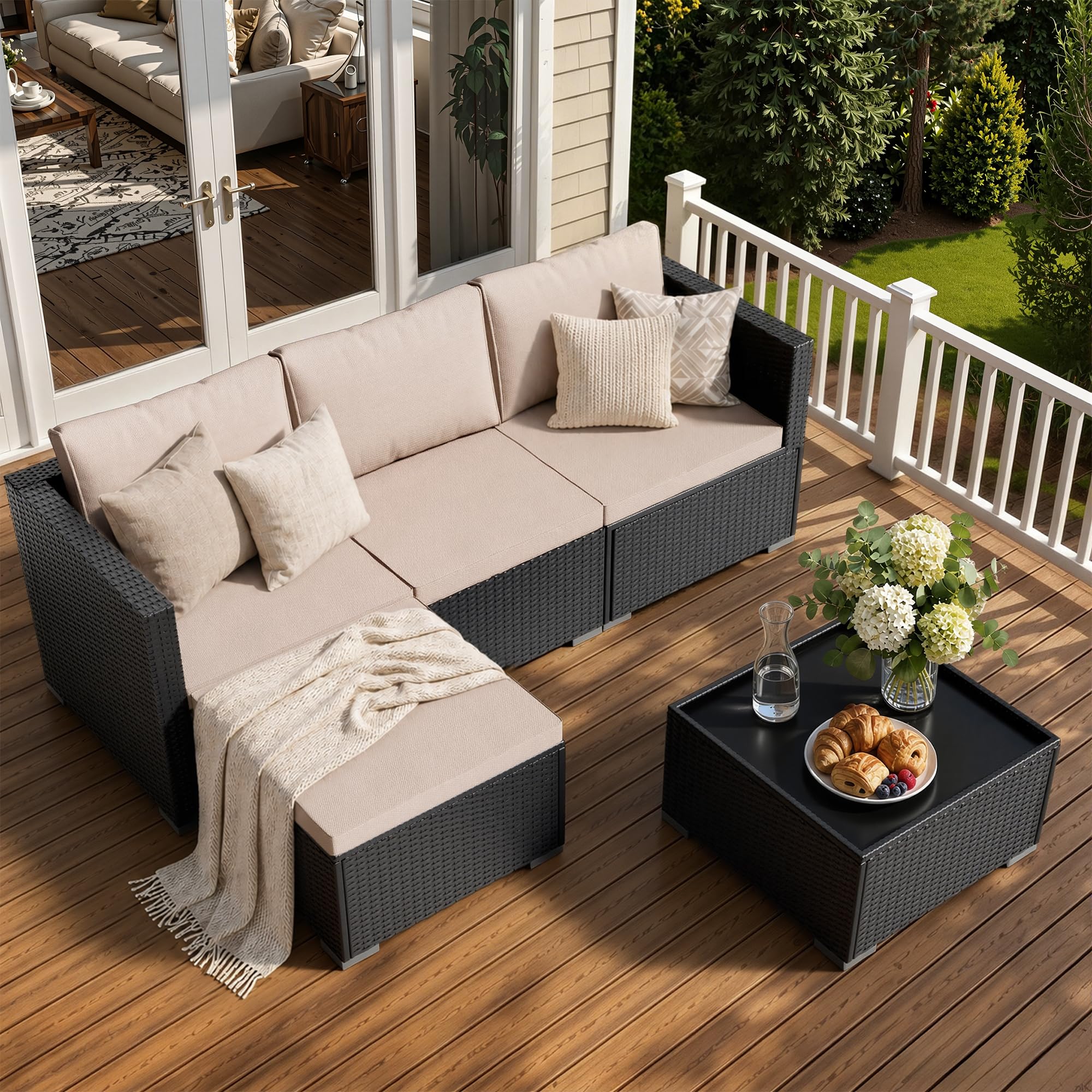 Skyfish Patio Furniture Set - Wide Armrests - All-Weather 5 Piece Outdoor Wicker Sectional Couch with Chaise Lounge,Couch Conversation Set, PE Rattan Sofa for Backyard Porch Poolside Black/Khaki