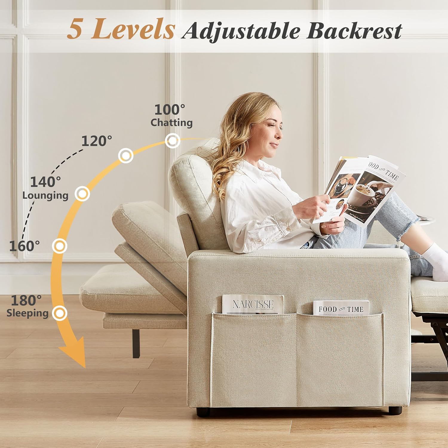 WEUP 42.5" Sleeper Chair Bed, 3-in-1 Convertible Reclining Sofa Chair with Pull Out Couch Bed, Adjustable Backrests, Side Pockets, Basic Beige