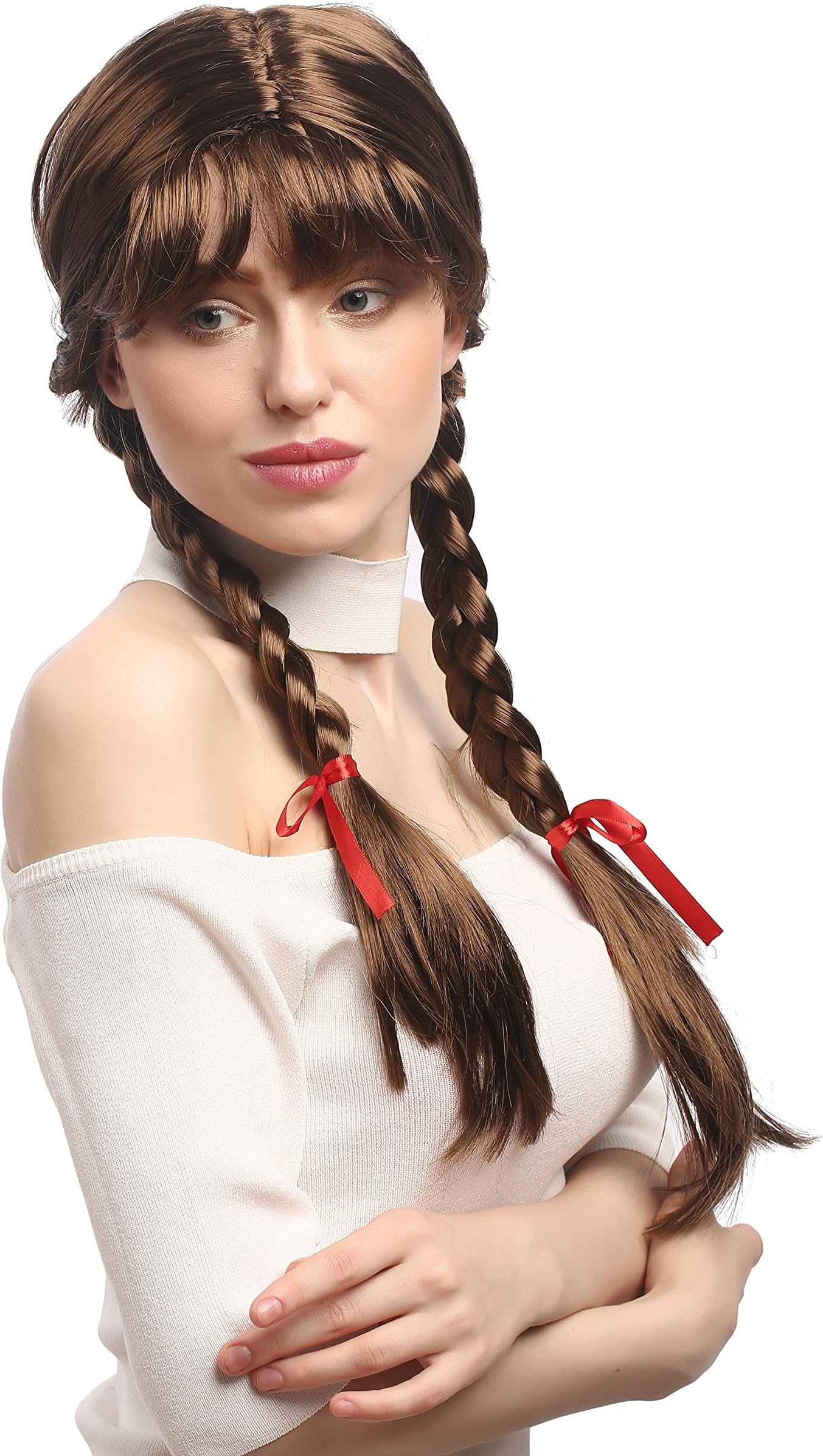 WIG ME UP - XR-008-P6 Lady Party Wig Halloween Lolita schoolgirl long braided plaits with ribbons fringe brown 23inch