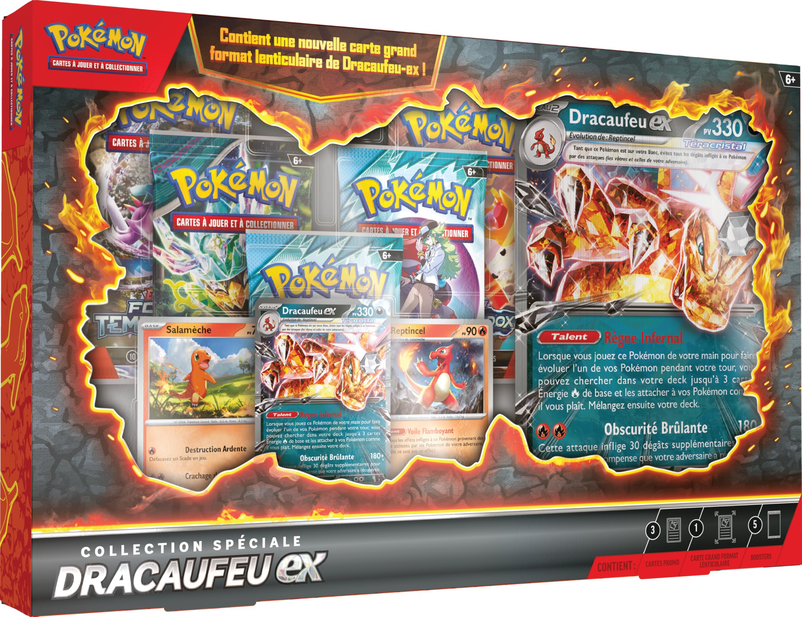 Pokémon : Collection spéciale Dracaufeu-​ex du JCC Pokémon (1 Carte Promo Brillante, 2 Cartes Brillantes, 1 Carte Grand Format lenticulaire et 5 boosters)