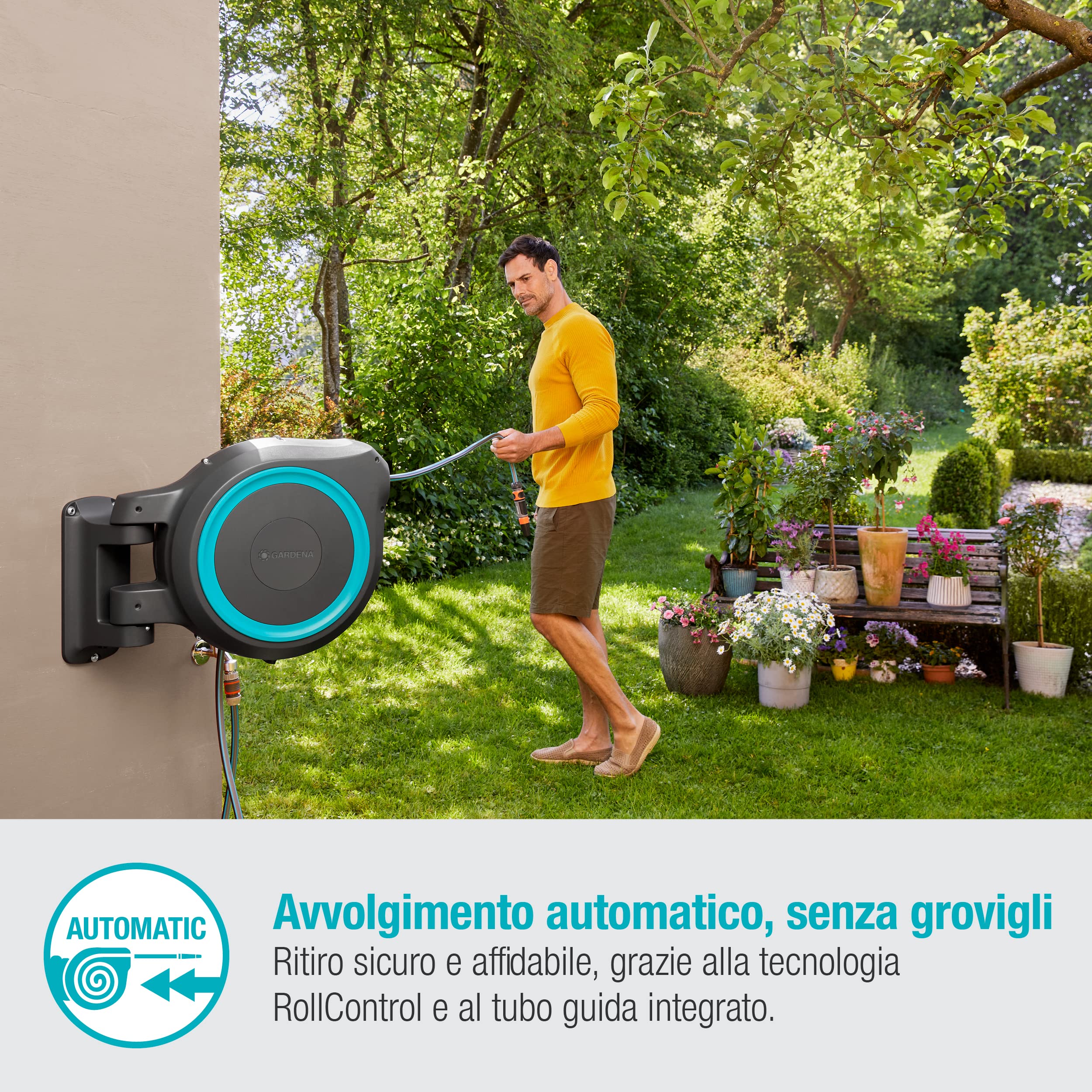 Gardena Avvolgitubo da Parete RollUp M/L: incluso Tubo da Giardino 25 m con Lancia e Raccordi, Avvolgimento Automatico, Ruotabile di 180 gradi, per Giardini Medi, Azzurro (18620-20)
