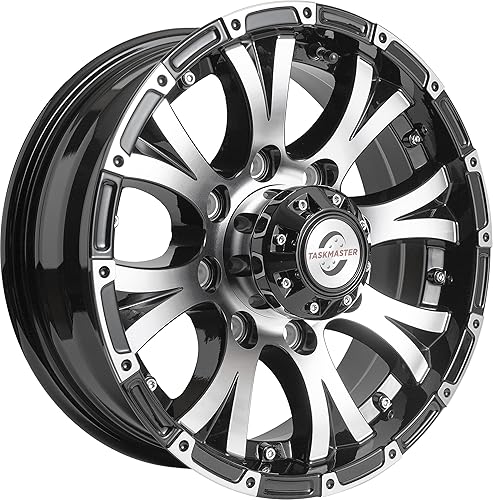 Viking Series - Rueda de remolque de aluminio negro brillante para labios y cara con tapa negra, capacidad de carga de 16 x 6 pulgadas, 8 en