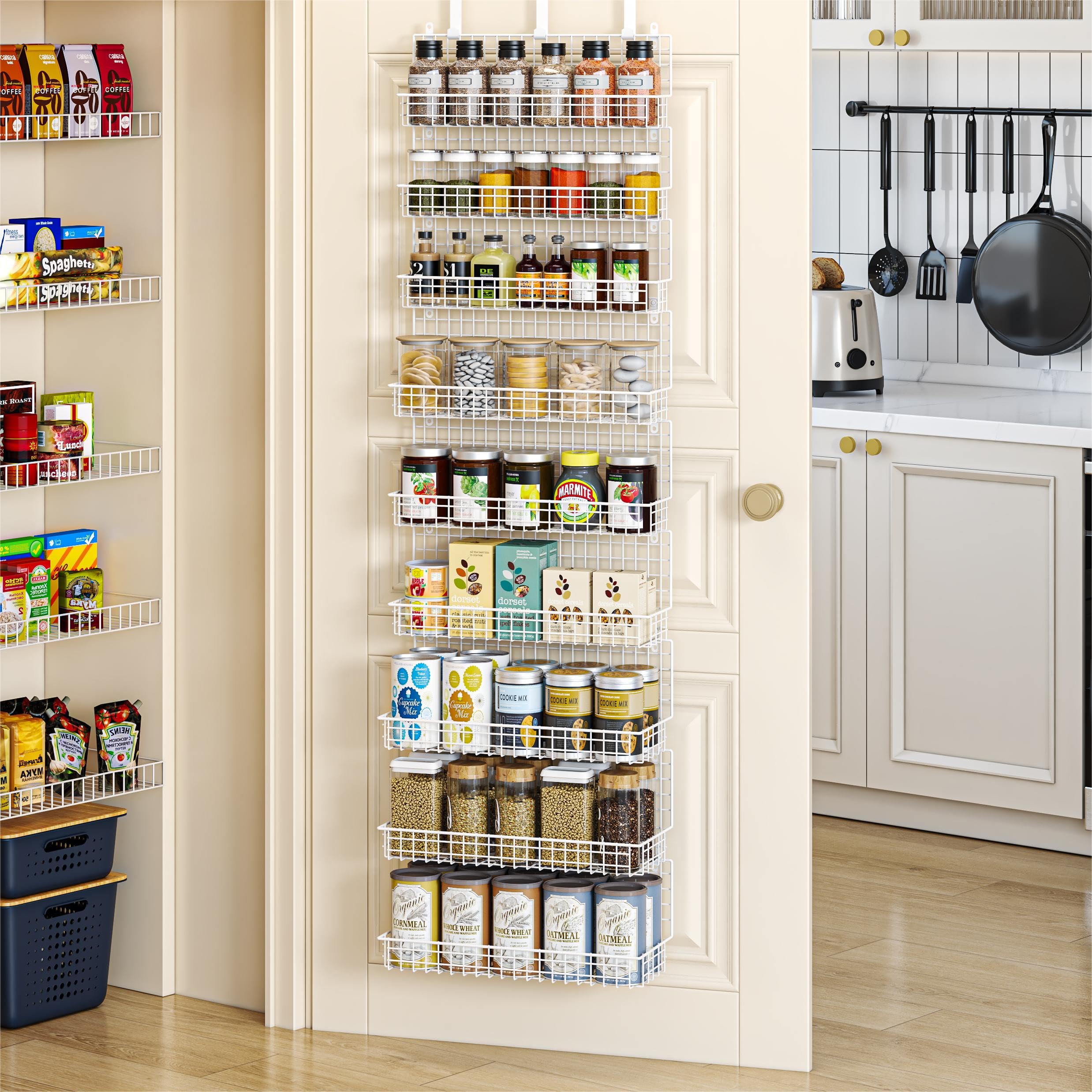 JKsmart Organizador de especias de 9 niveles con gancho para puerta, montaje en pared y capacidad extra grande para despensa, elegante diseño blanco para una organización sin esfuerzo, la mejor