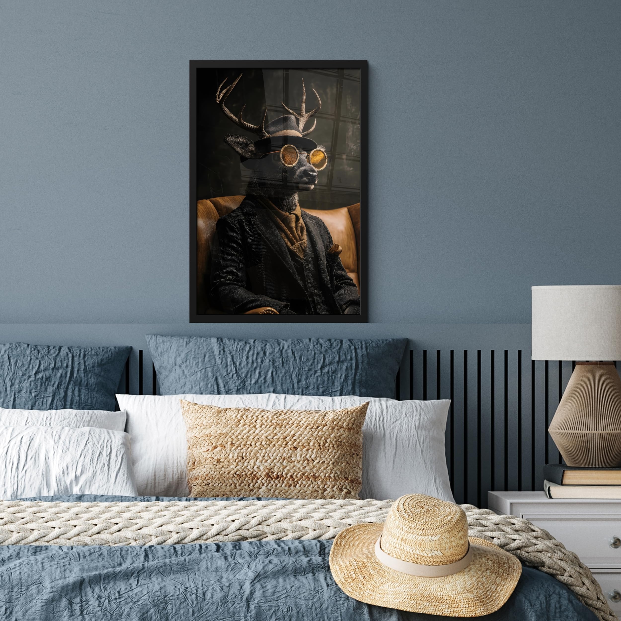 MuchoWow© Quadri Con Cornice Foto Pareti Piccoli Casa Moderna Salotto | 40x60 cm - Orizzontale Lungo Ufficio Moderne Murali Cornici Decorative Cervo - Occhiali da sole - Nero - Abito