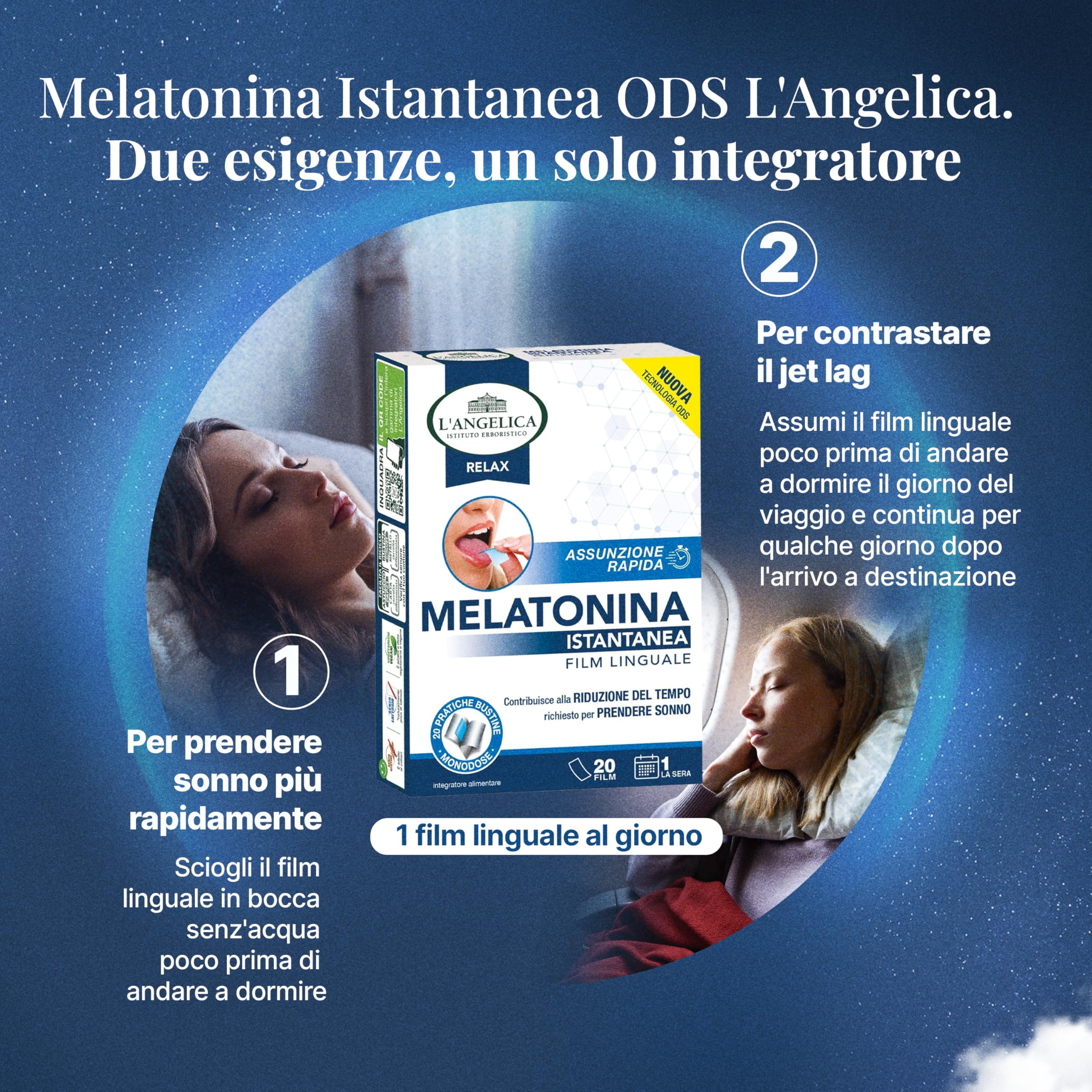 L'Angelica, Melatonina Istantanea Film Linguale, Integratore Per Prendere Sonno Più Velocemente, Assunzione Rapida, 1 Confezione da 20 Film