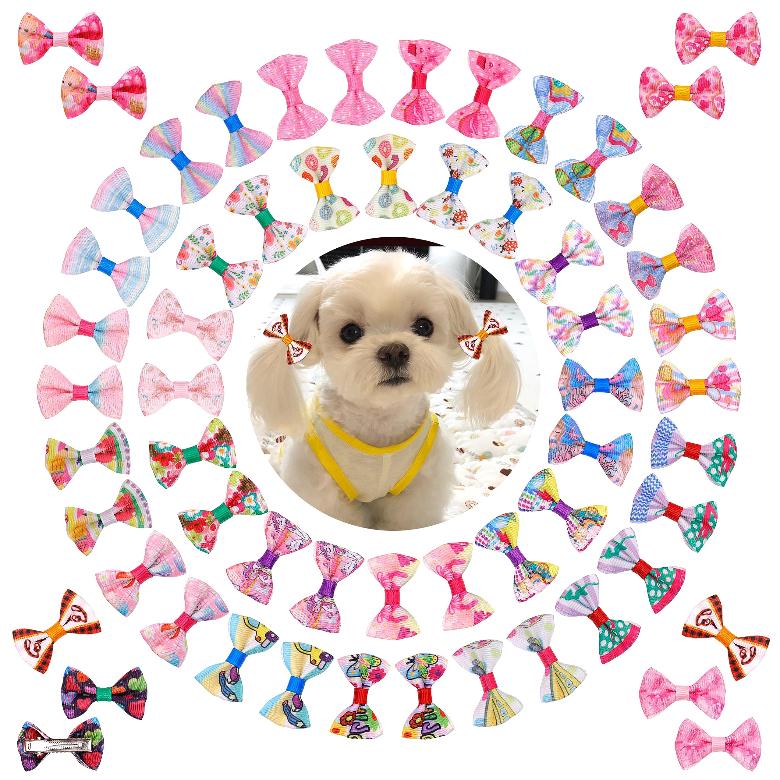 60Pcs Metal Clips with Rhinestone Christmas Bowknot Topknot Hair Accessories for Pets, Handmade Grooming Bows for Cat Birthday Party