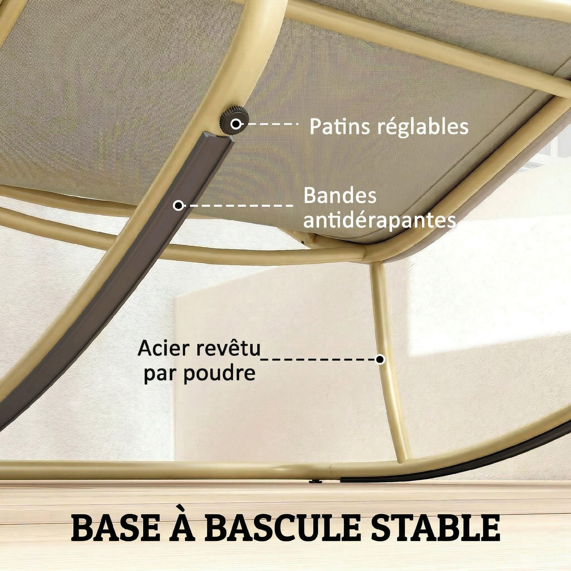 Outsunny Fauteuil à Bascule Extérieur avec Coussin Moelleux 125cm - Rocking Chair Large 64cm en Acier et Textilène - Chaise Bercante de Salon et Balcon, Beige et Doré