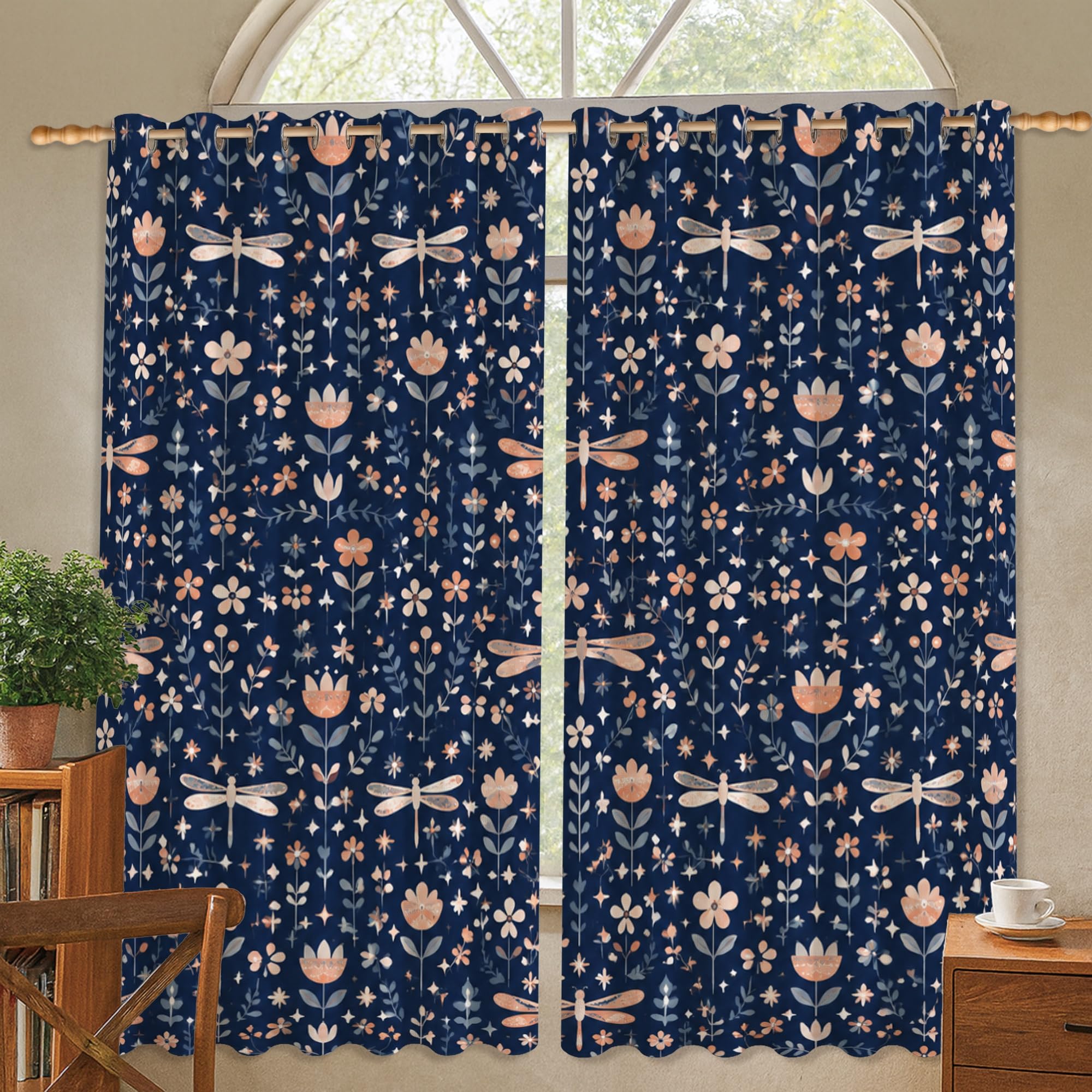 Rideaux occultants pour chambre à coucher motif fleurs et libellule ambiance printemps