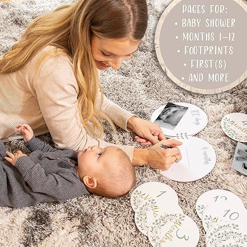 Miniatura 5 de Milestone Moments Álbum de fotos de primer bebé con 12 tarjetas mensuales escritas, bonito libro de recuerdos, cubierta de madera natural, páginas
