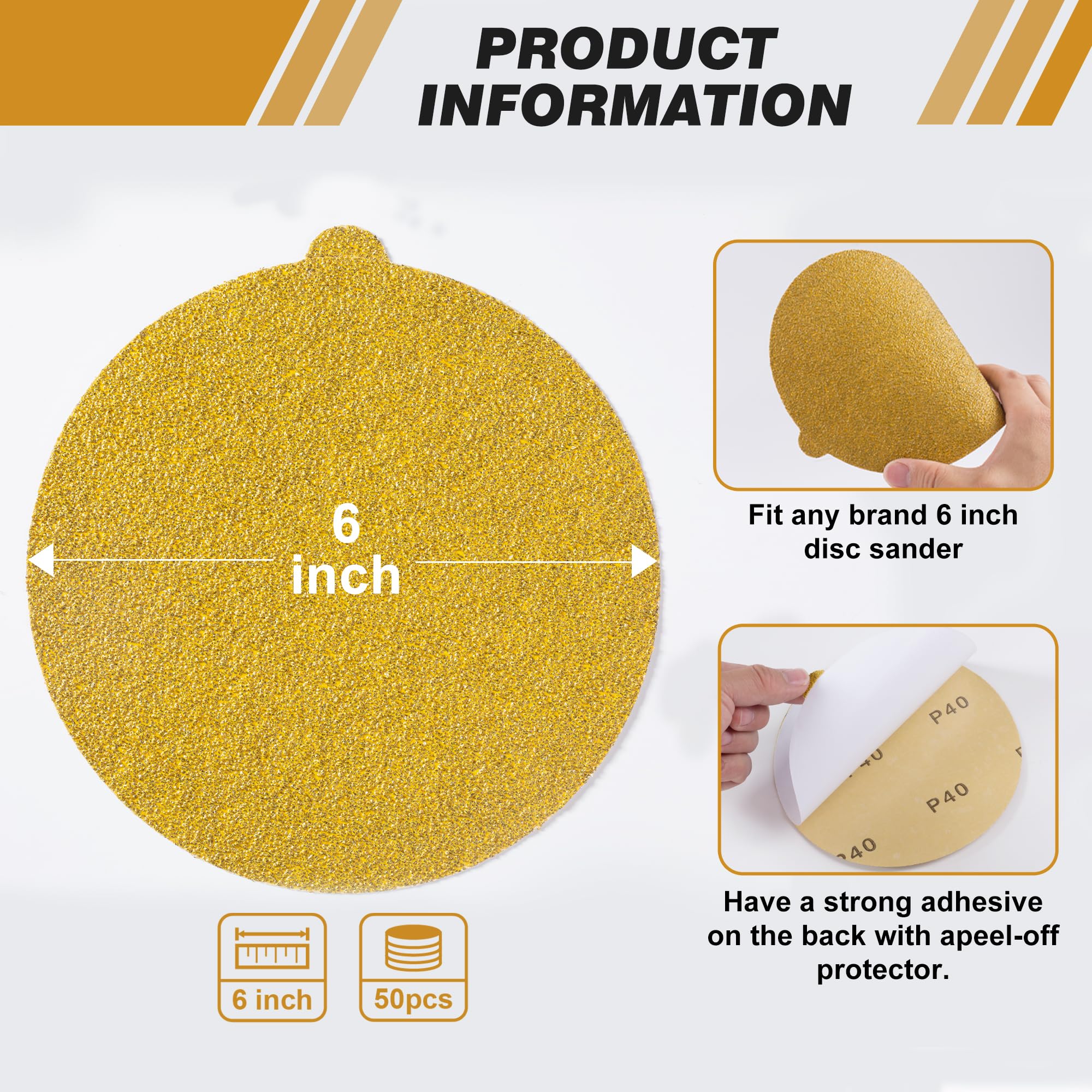 50 Pcs 6 Inch Sandpaper Sanding Disc Gold 40 80 Grit