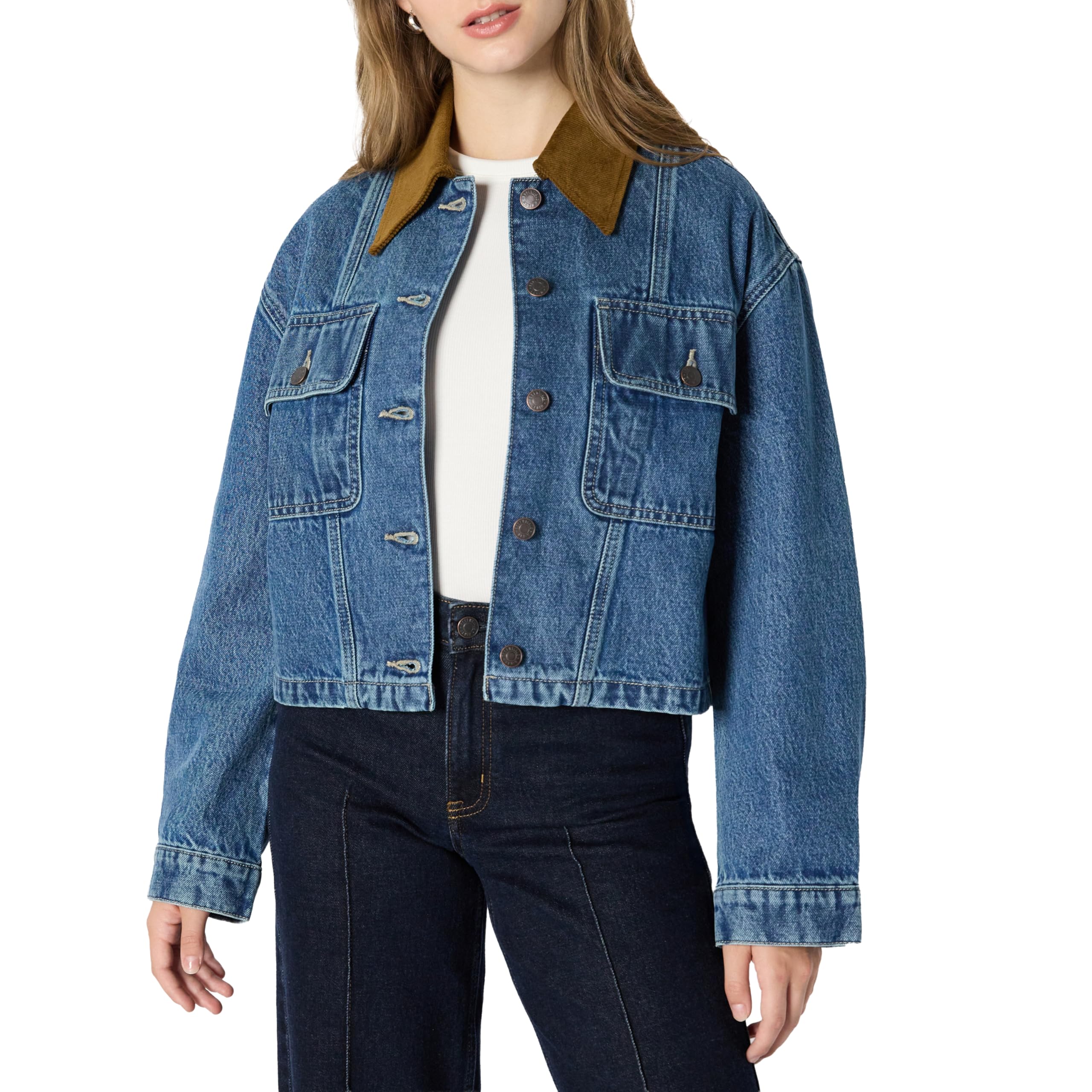 Amazon Essentials Damen Oversize-Jeansjacke mit Kragen aus kontrastierendem Cord, Mittelblau Vintage, S