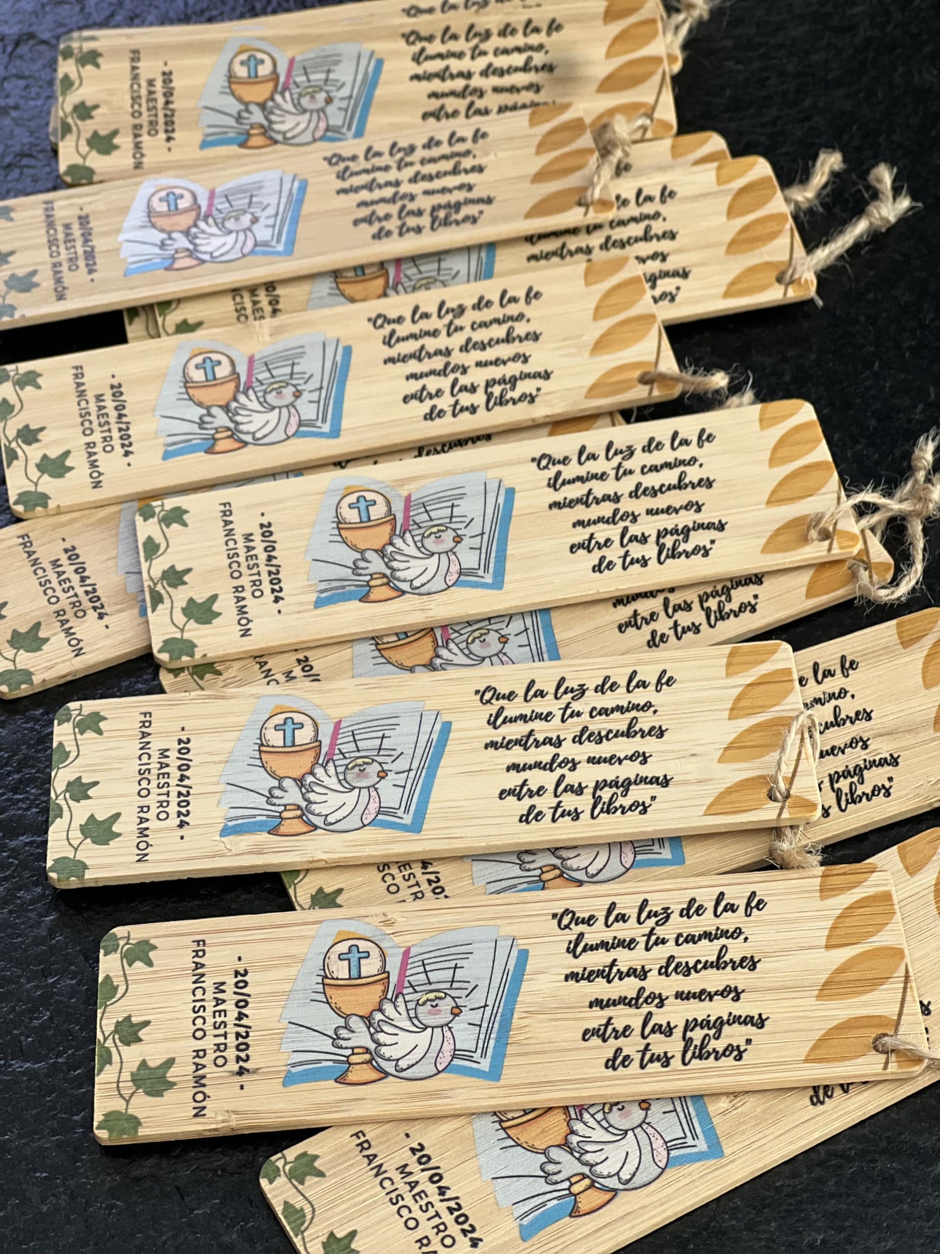 Pack de 20 Marcapáginas de Bambú Personalizados para Boda, Comunión, Bautizo