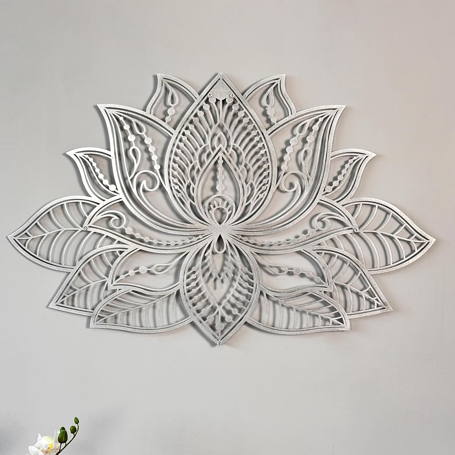 Colorfull Worlds Mandala Metal Wall Decor, Lotus Flower Meditation Room Decor, Minimalist Zen Garden Bohemian Gift for New Year (17" x 11" | 43 x 27.5 cm, Silver)