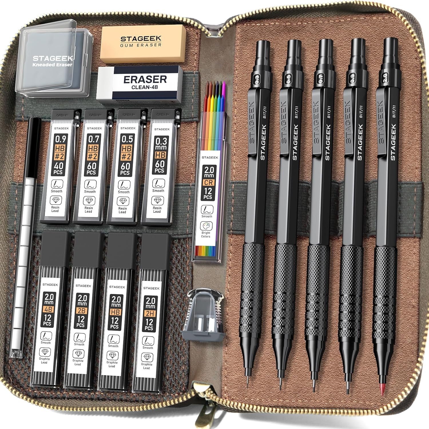 SteelNest 5-size mechanical pencils set, leather case